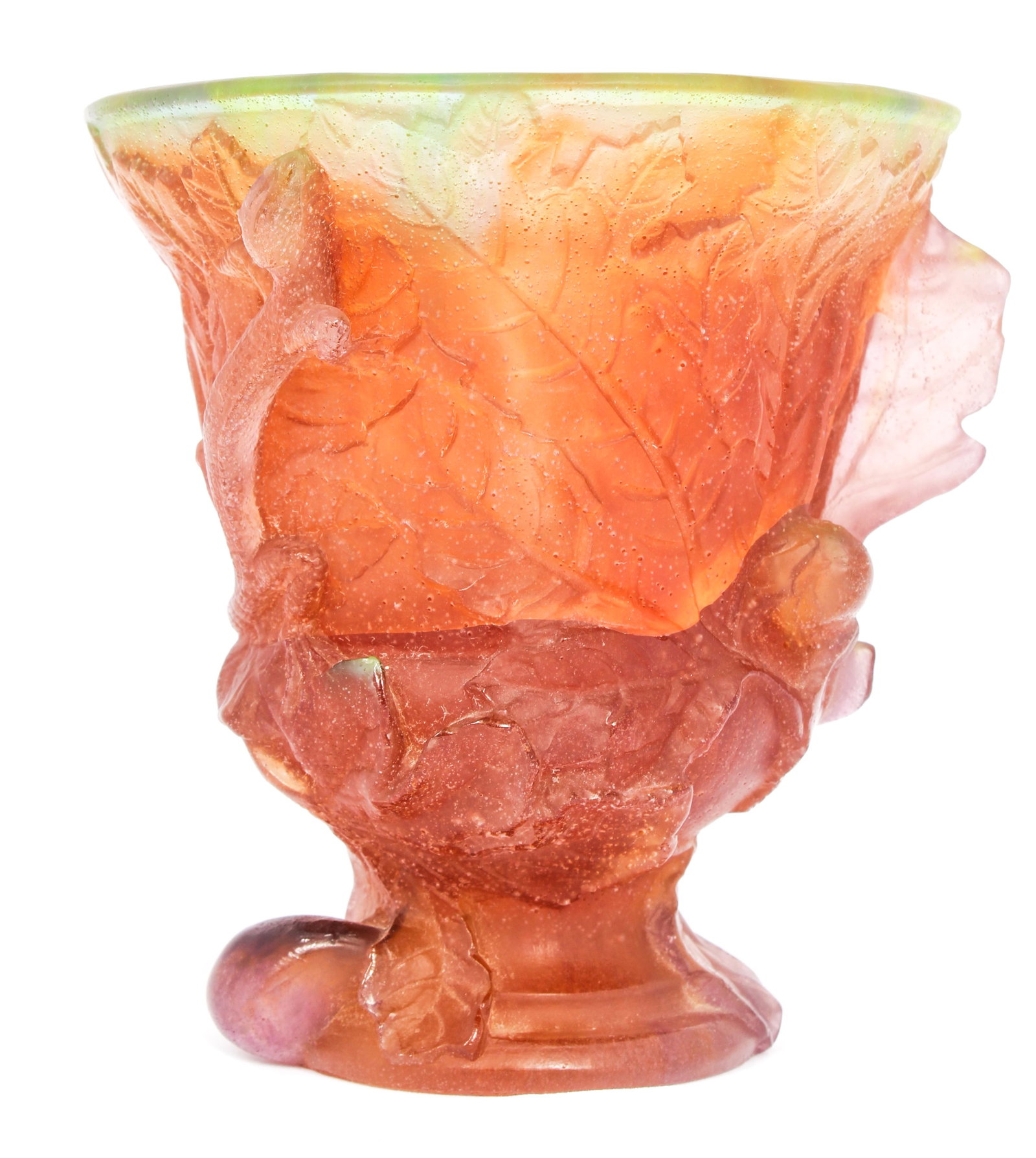 DAUM FRANCE PATE DE VERRE FIG LEAF VASE WITH LIZARD: DAUM FRANCE PATE DE VERRE FIG LEAF VASE WITH LIZARD Daum France pate de verre art glass fig leaf vase with lizard, signed "Daum France" on underside. Size: 6"