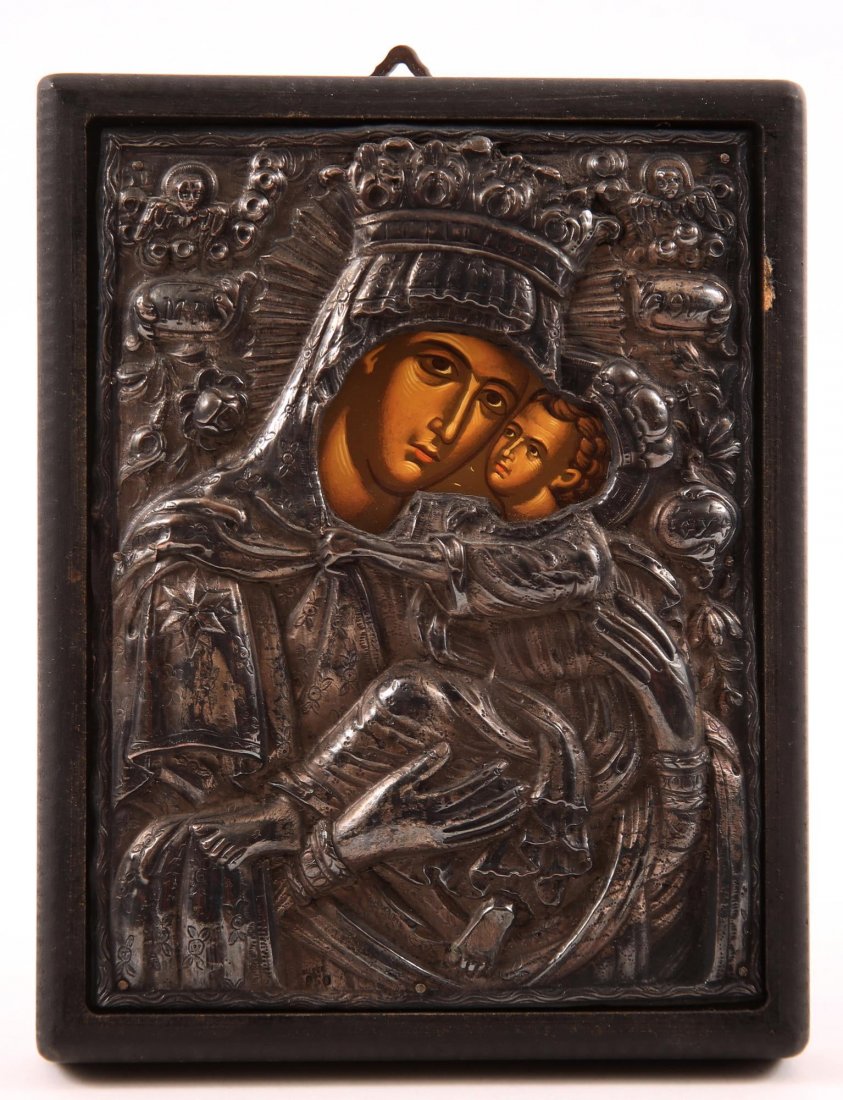 GREEK SILVER .950 OKLAD BYZANTINE ICON: GREEK SILVER .950 OKLAD BYZANTINE ICON Modern hand made Greek icon based on Sacred Image from Byzantine Museum, .950 silver purity oklad. Size: 5.5 x 7"
