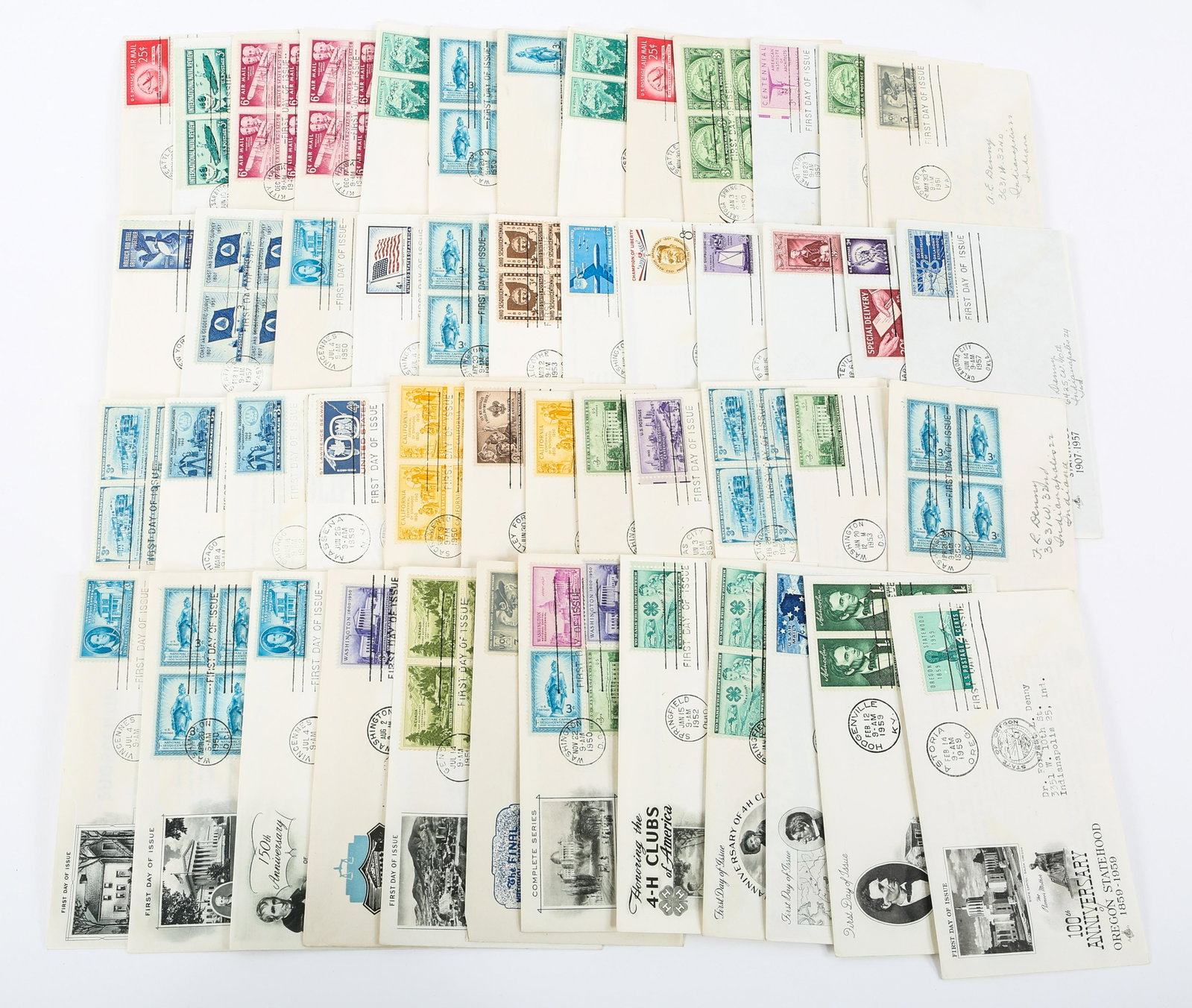 FIRST DAY ISSUE STAMP ENVELOPES - LOT OF 50: FIRST DAY ISSUE STAMP ENVELOPES - LOT OF 50 Lot of 50 commemorative first day issue stamp envelopes dating from the late 1940s to the late 1950s with themes including: United Confederate Veterans fina