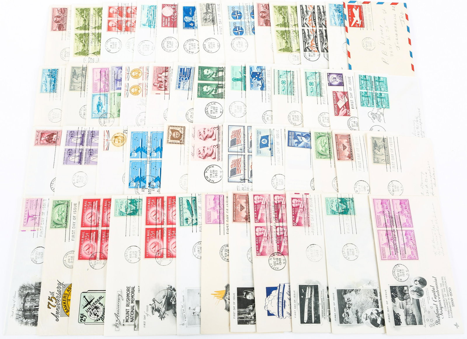 FIRST DAY ISSUE STAMP ENVELOPES - LOT OF 50: FIRST DAY ISSUE STAMP ENVELOPES - LOT OF 50 Lot of 50 commemorative first day issue stamp envelopes dating from the late 1940s to the late 1950s with themes including: United Confederate Veterans fina