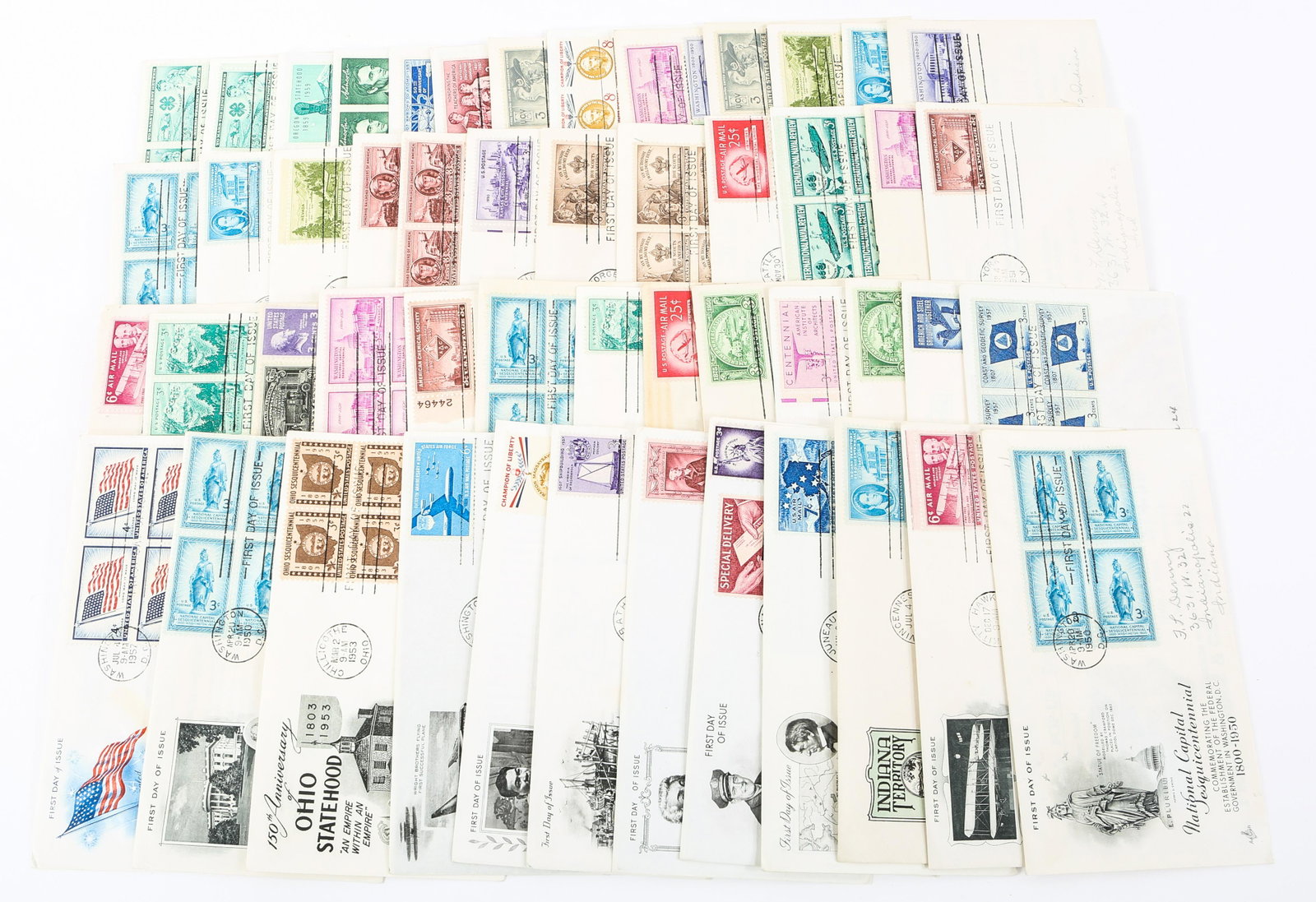 FIRST DAY ISSUE STAMP ENVELOPES - LOT OF 50: FIRST DAY ISSUE STAMP ENVELOPES - LOT OF 50 Lot of 50 commemorative first day issue stamp envelopes dating from the late 1940s to the late 1950s with themes including: United Confederate Veterans fina