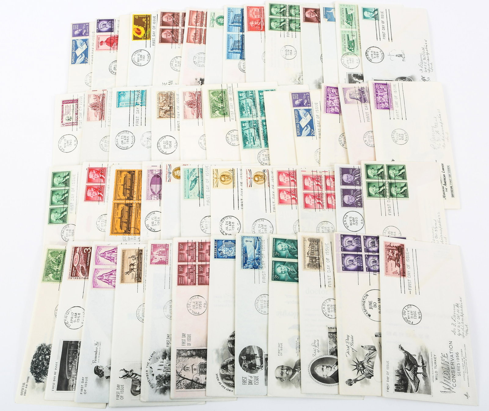 FIRST DAY ISSUE STAMP ENVELOPES - LOT OF 50: FIRST DAY ISSUE STAMP ENVELOPES - LOT OF 50 Lot of 50 commemorative first day issue stamp envelopes dating from the 1950s and 1960s with themes including: Civil War Centennial (1961). Paul Revere (195