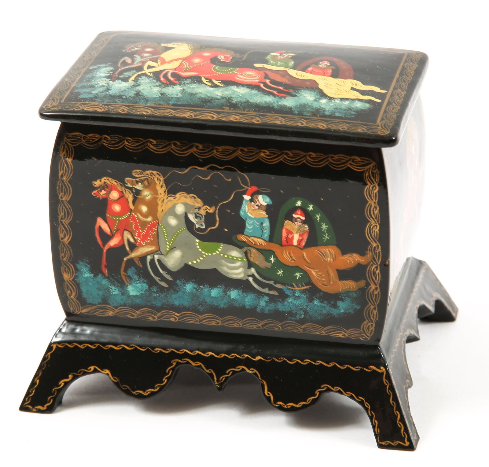 RUSSIAN PALEKH TROIKA MINI PAINTED TRINKET BOX - SIGNED: RUSSIAN PALEKH TROIKA MINI PAINTED TRINKET BOX - SIGNED Russian miniature hand painted lacquered trinket box depicting horse drawn sled, signed lower edge "Palekh", title "Troika" and artist initials.