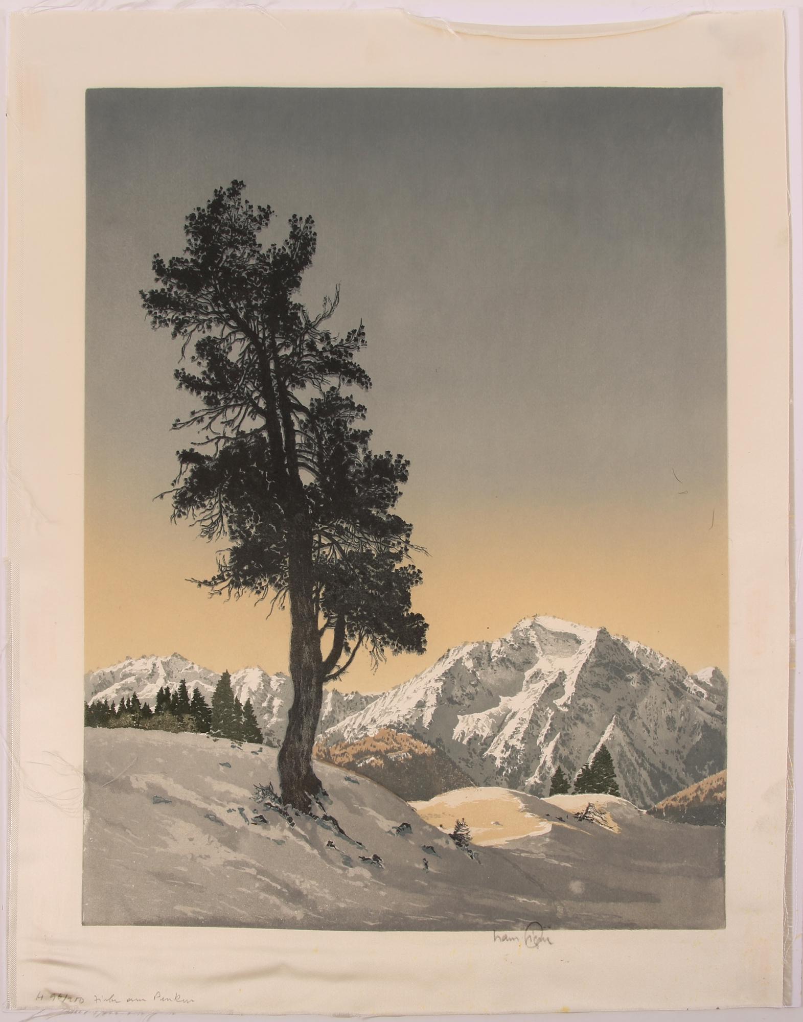 HANS FIGURA AQUATINT ETCHING PINE TREE IN WINTER: HANS FIGURA AQUATINT ETCHING PINE TREE IN WINTER Hans Figura (Austrian, 1898-1978), aquatint etching on silk, depicting a pine tree on a snowy winter landscape. Signed in pencil near bottom right