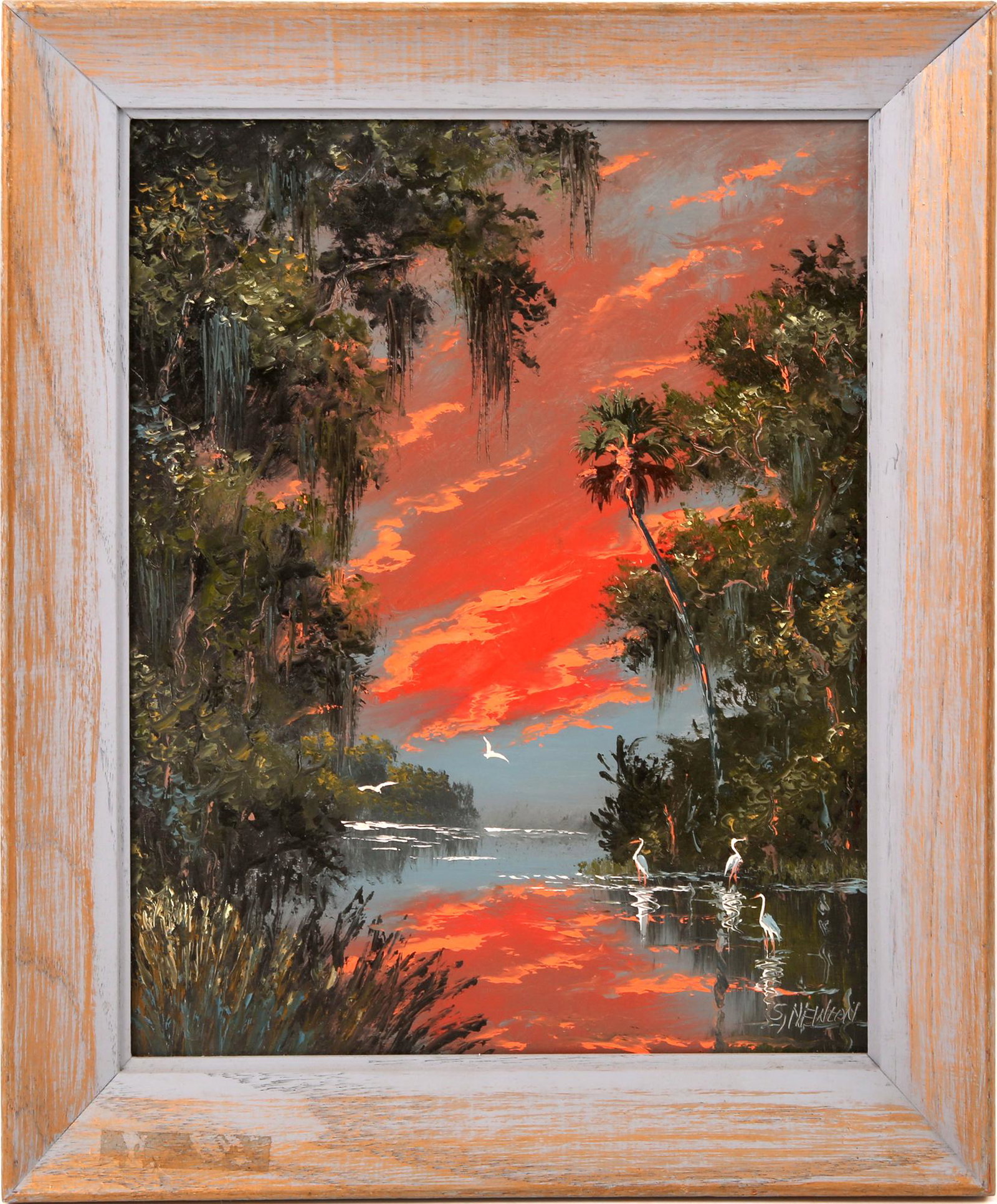 SAM NEWTON FLORIDA HIGHWAYMEN OIL ON BOARD SUNSET: SAM NEWTON FLORIDA HIGHWAYMEN OIL ON BOARD SUNSET Sam Newton, Florida highwaymen artist, oil on masonite board, depicts a Florida sunset wetland scene with pink and blue sky. Signed in lower right, se