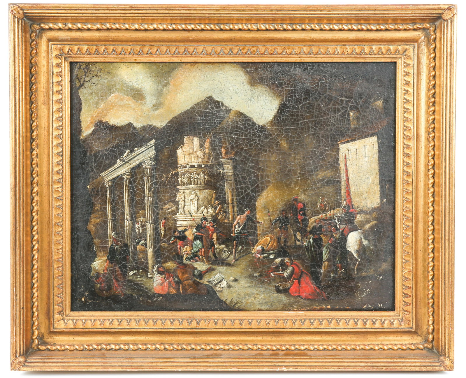 LATE 18TH CENTURY OIL ON CANVAS ROMAN INVASION: LATE 18TH CENTURY OIL ON CANVAS ROMAN INVASION Oil on canvas, late 18th century, a Roman beheading of a priest, unsigned. Set in gold frame. Size - Framed: 21.75 x 16.75" Size - Viewable: 18 x 23"
