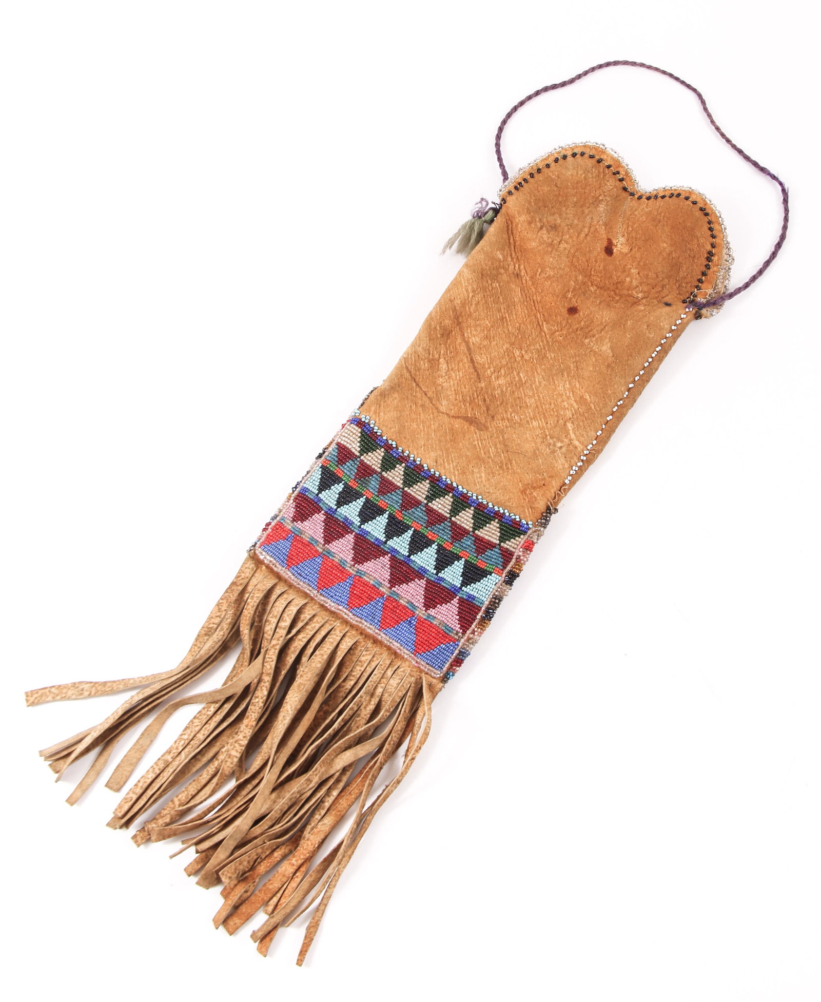 20TH C. PLAINS NATIVE AMERICAN BEADWORK PIPE BAG: 20TH C. PLAINS NATIVE AMERICAN BEADWORK PIPE BAG Plains Native American beadwork pipe bag, circa 20th century. Made of natural felt and brain tanned deer hide. Size: 18" x 5"