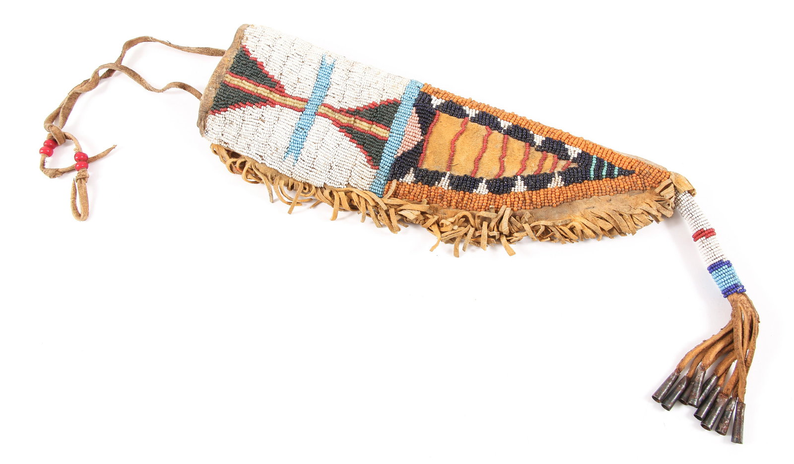 EARLY 20TH C. SIOUX BEADWORK KNIFE SHEATH: EARLY 20TH C. SIOUX BEADWORK KNIFE SHEATH Sioux Native American beadwork knife sheath, made of brain tanned deer hide. Circa early 20th century. Size: 10.5"