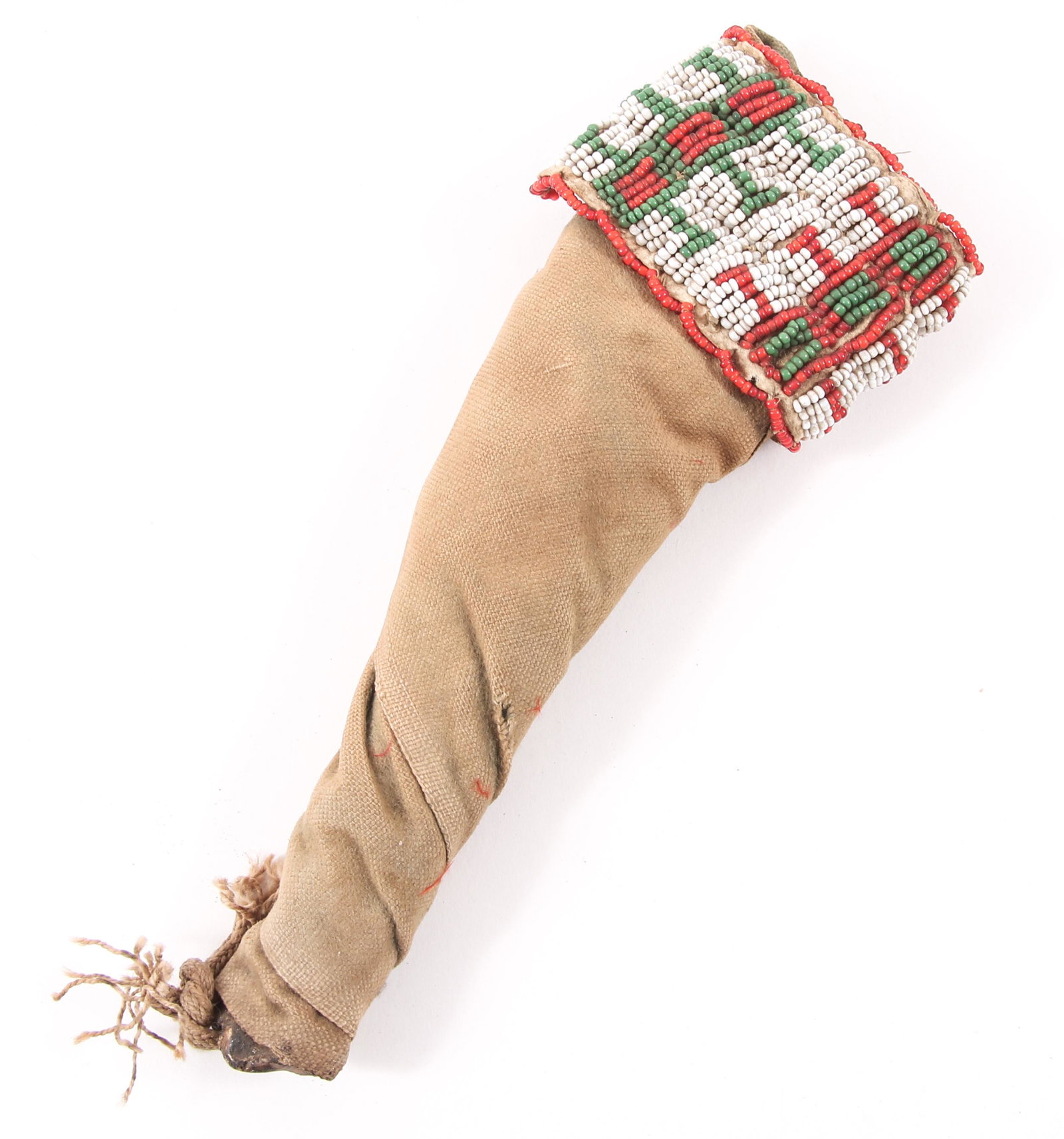 LATE 19TH C. NATIVE AMERICAN BEADWORK DANCE FAN HANDLE: LATE 19TH C. NATIVE AMERICAN BEADWORK DANCE FAN HANDLE Plains Native American dance fan handle with beadwork cuff. Handle is made from a light woven fabric, intended to hold a plume of feathers. 