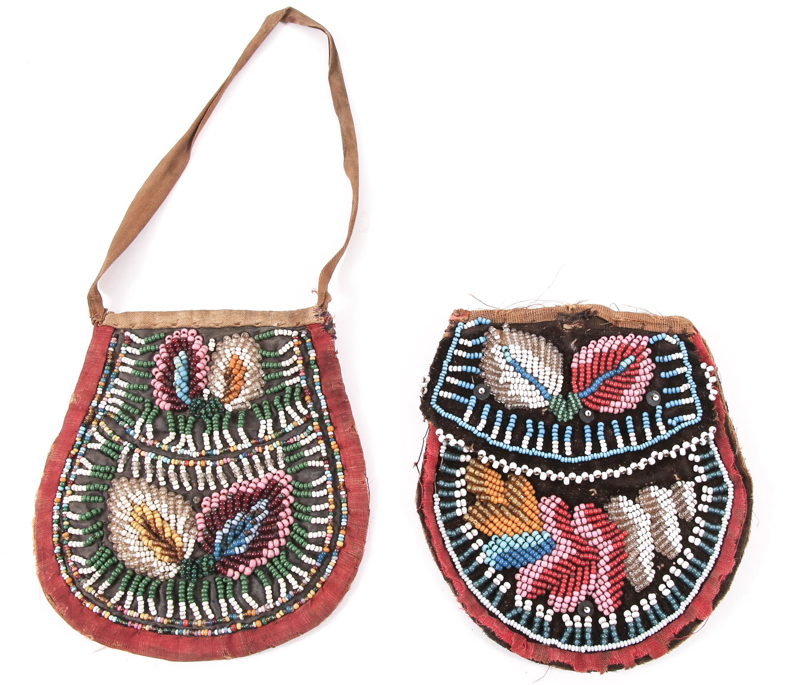 EARLY 20TH C. IROQUOIS FLORAL BEADWORK PURSES LOT OF 2: EARLY 20TH C. IROQUOIS FLORAL BEADWORK PURSES LOT OF 2 Iroquois Native American floral purses made of light woven fabric, and raised beadwork. One of the purses includes velvet. Circa early 20th centu