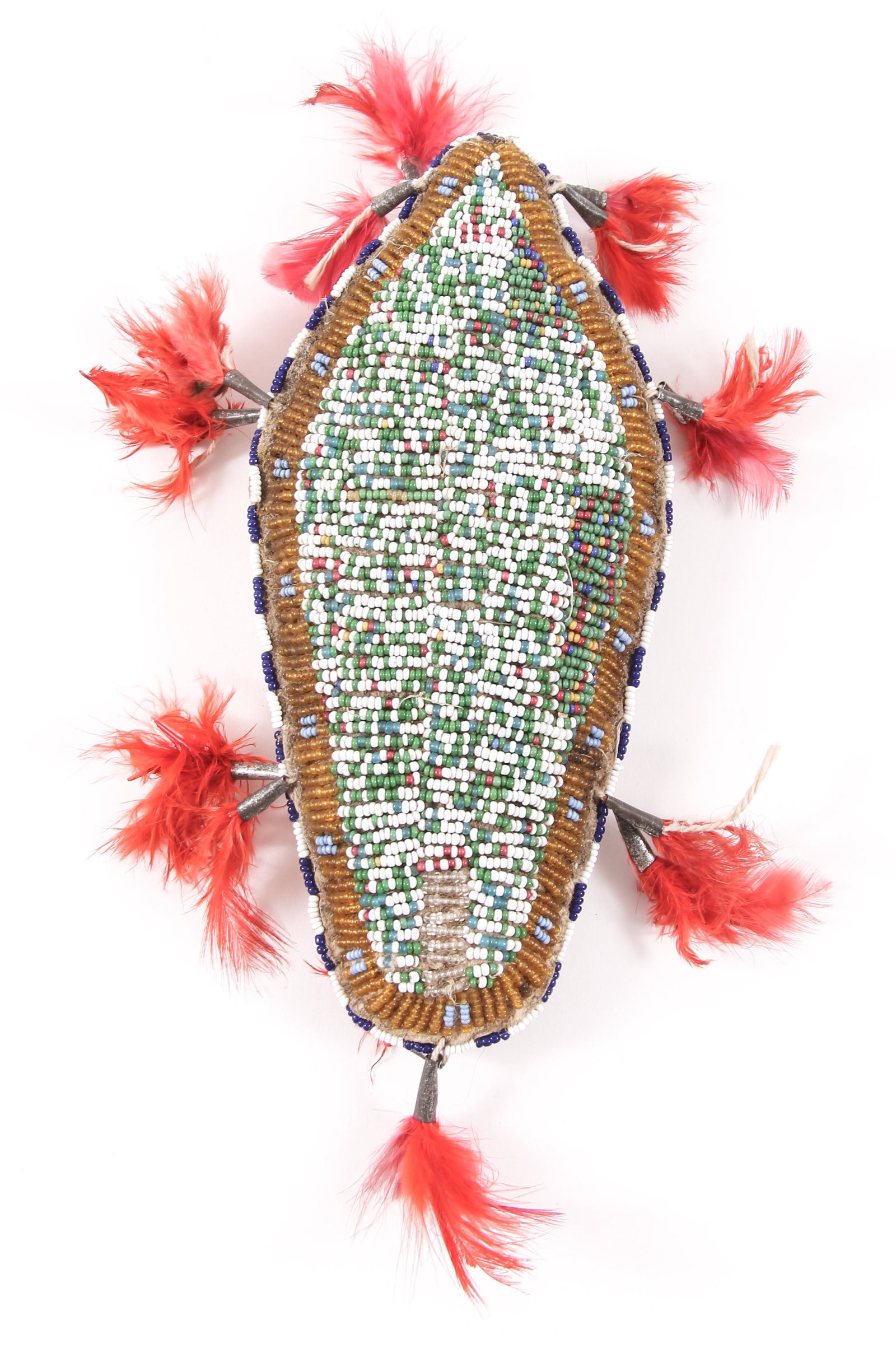 EARLY 20TH C. SIOUX BEADWORK UMBILICAL FETISH: EARLY 20TH C. SIOUX BEADWORK UMBILICAL FETISH Sioux Native American umbilical fetish made of deer hide and adorned with bead work. Circa early 20th century. Size: 7 x 3"