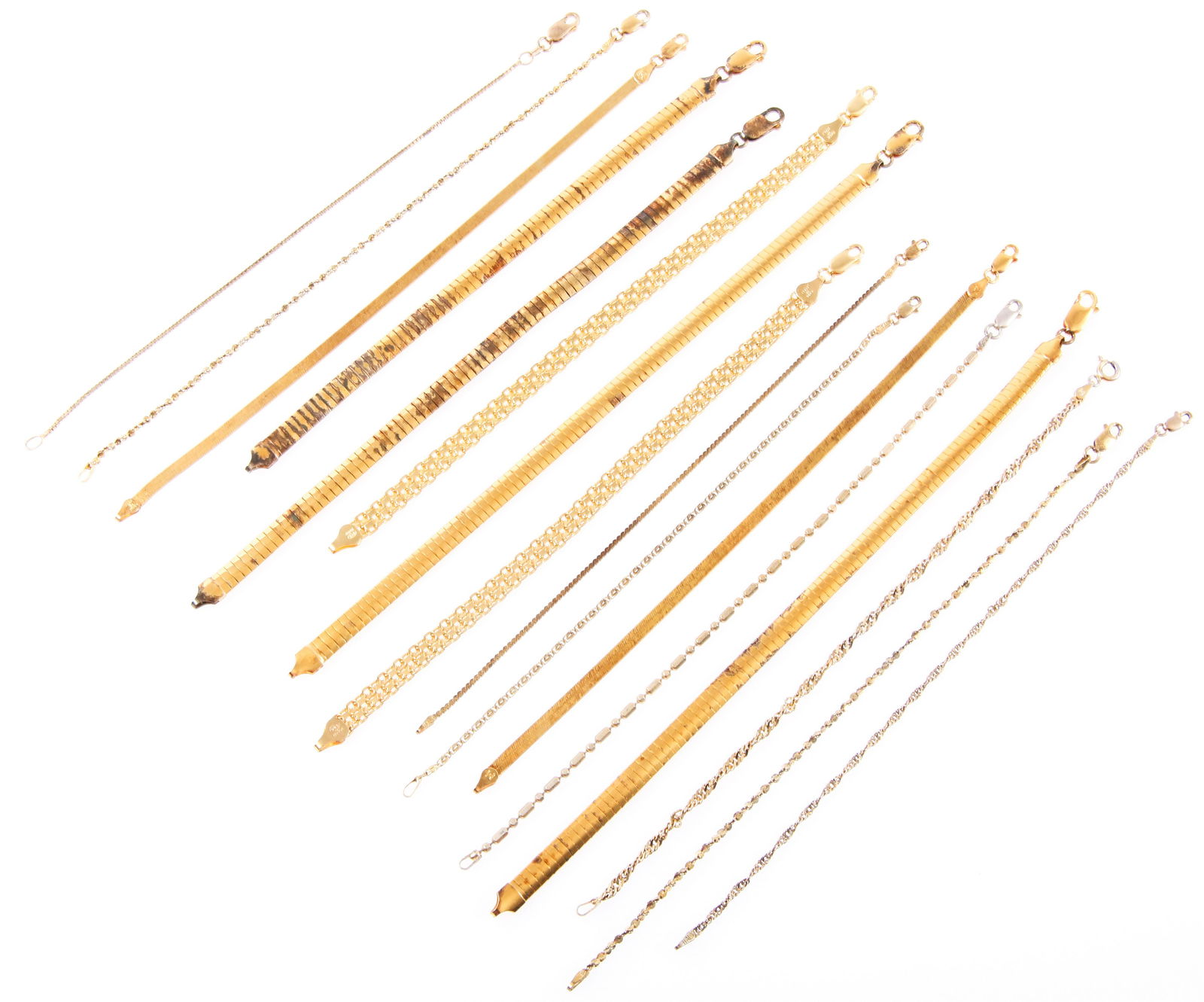 STERLING SILVER GOLD TONE CHAIN BRACELETS - LOT OF 16: STERLING SILVER GOLD TONE CHAIN BRACELETS - LOT OF 16 Lot of 16 sterling silver gone tone chain bracelets, to include herringbone, twisted rope, serpentine, box chain, and others. All pieces are marke