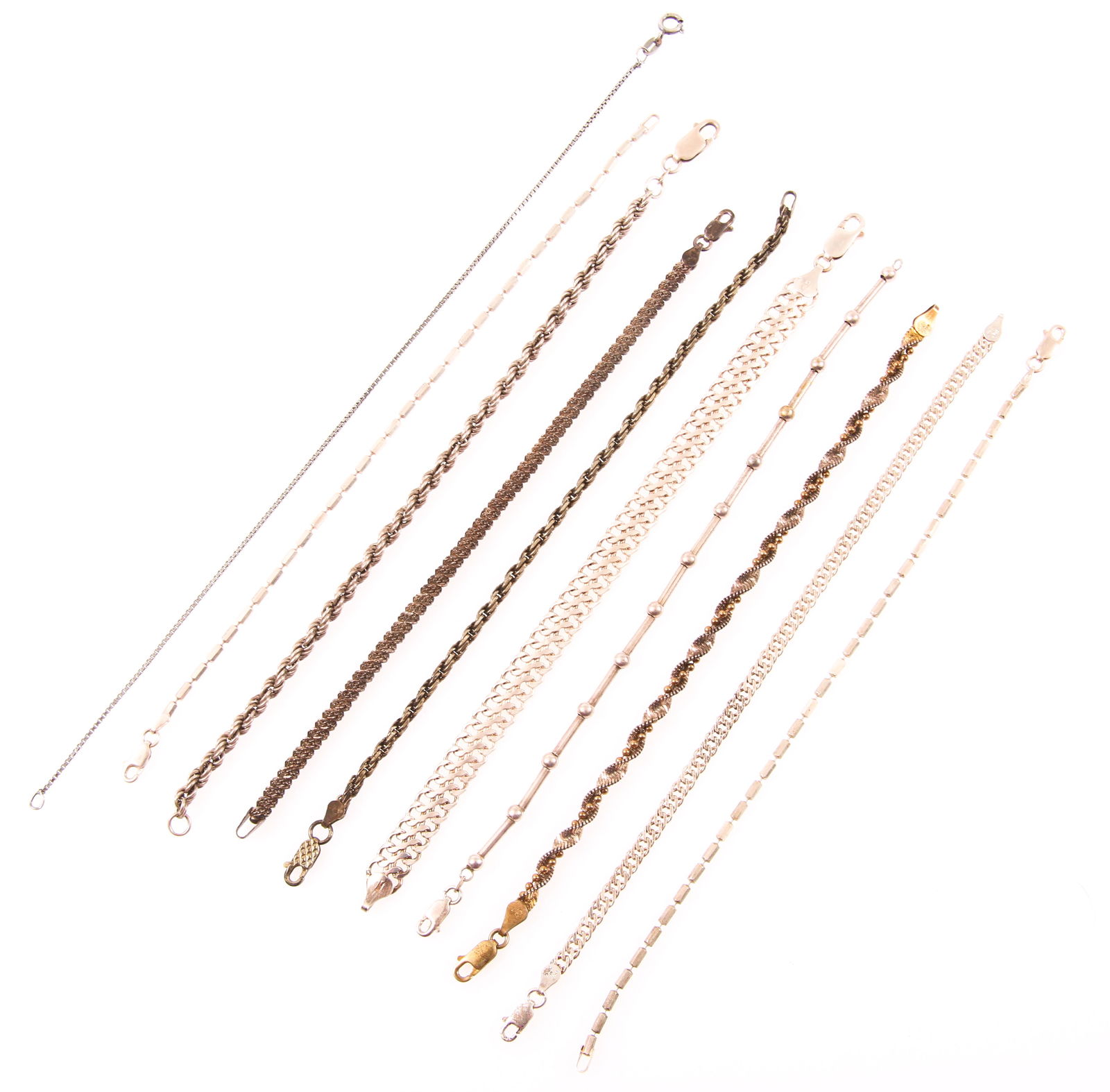 STERLING SILVER CHAIN BRACELETS - LOT OF 10: STERLING SILVER CHAIN BRACELETS - LOT OF 10 Lot of ten sterling silver chain bracelets in a variety of styles, all pieces are marked. Size: 7" - 9" Weight: 55 grams total