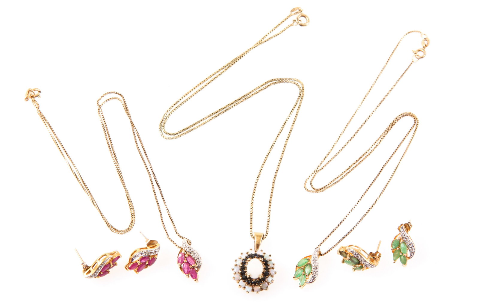 STERLING SILVER RUBY EMERALD DIAMOND NECKLACE EARRINGS: STERLING SILVER RUBY EMERALD DIAMOND NECKLACE EARRINGS Lot of sterling silver jewelry pieces, to include: Ruby with diamond accents pendant on box chain with matching earrings, 0.75" Emerald with diam