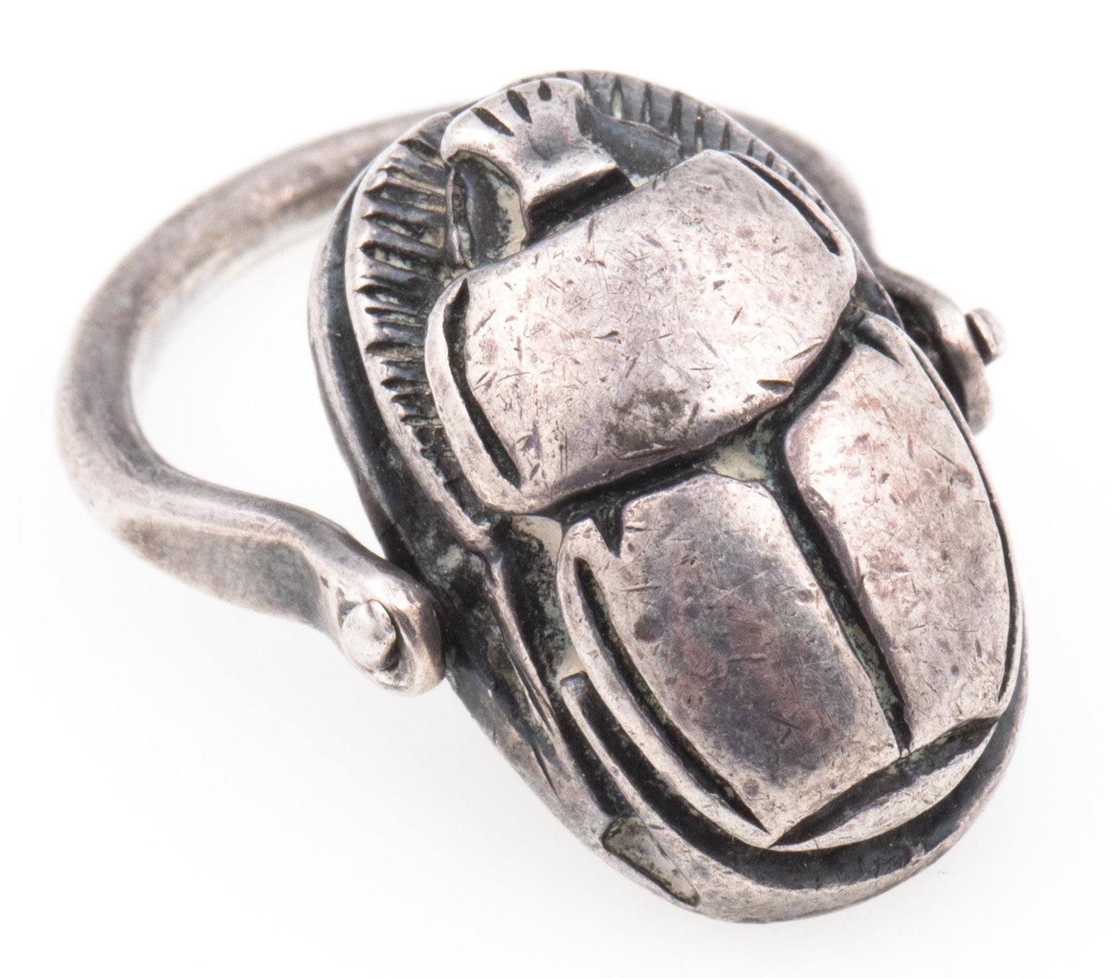 STERLING SILVER SCARAB BEETLE HIEROGLYPHICS RING: STERLING SILVER SCARAB BEETLE HIEROGLYPHICS RING Sterling silver scarab beetle ring with hieroglyphics stamped on reverse, articulating band. Not marked, tested. Size: 4.75 Weight: 12.8 grams