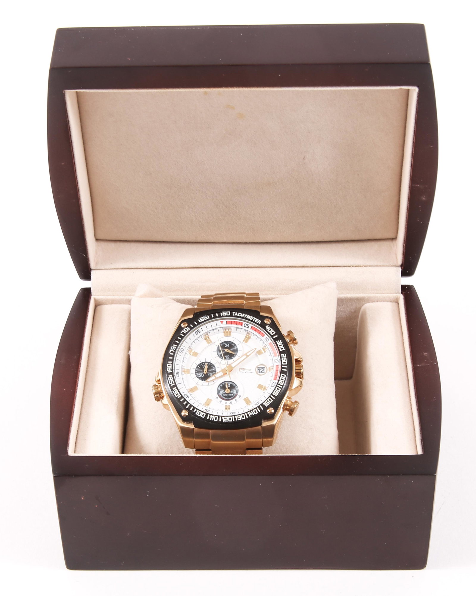 DANIEL STEIGLER STAINLESS STEEL WRISTWATCH 9056G-M: DANIEL STEIGLER STAINLESS STEEL WRISTWATCH 9056G-M Daniel Steigler chronograph gold plated stainless steel wristwatch with quartz movement. 5ATM water resistance. Size: 45mm Weight: 173.1g