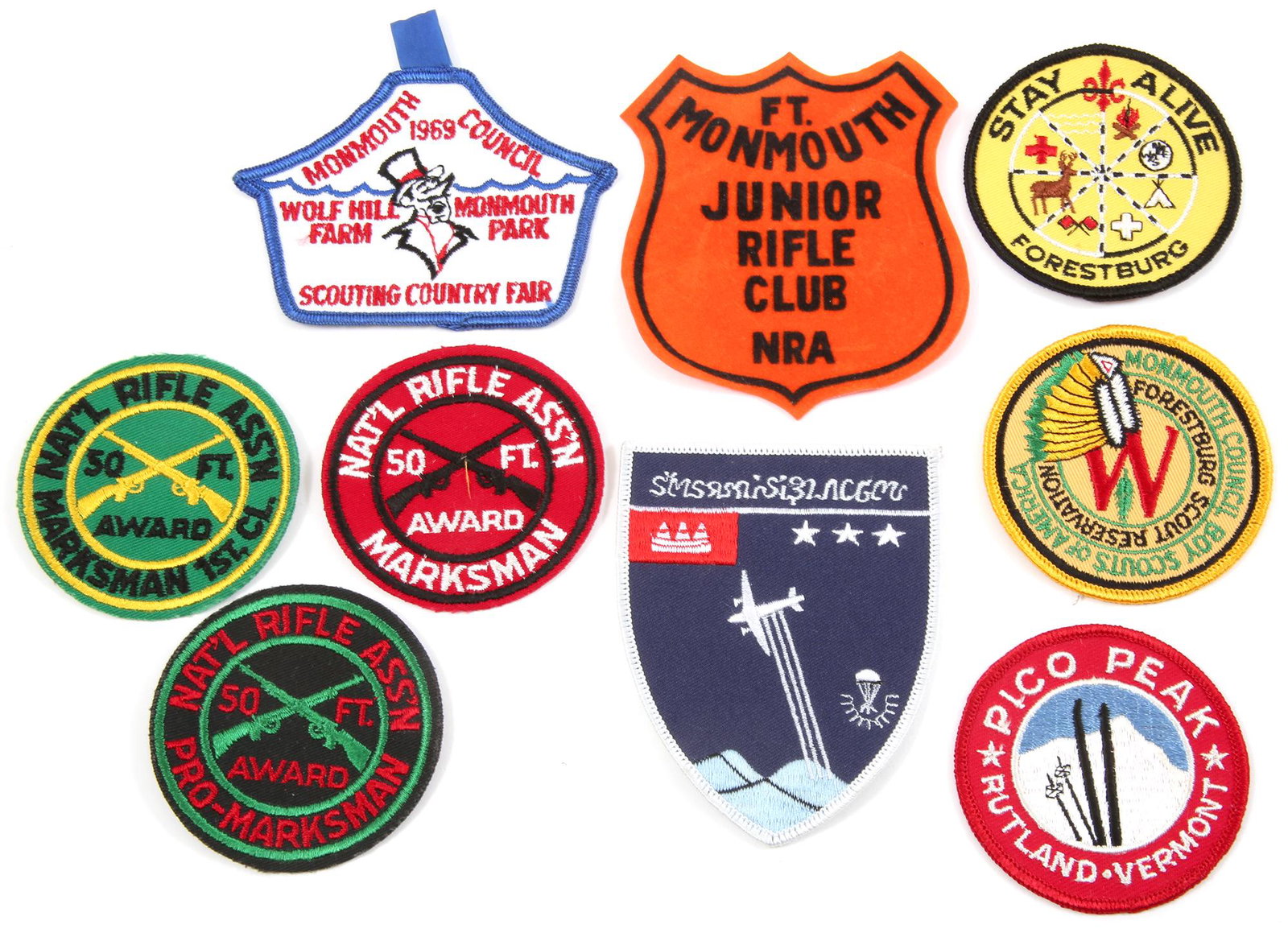 MIXED MERIT & AWARD PATCHES - BOY SCOUTS, NRA & MORE: MIXED MERIT & AWARD PATCHES - BOY SCOUTS, NRA & MORE Mixed merit and award patches, including: 1969 Monmouth Council Scouting Country Fair. Monmouth Council Boy Scouts of America Forestburg Scout Rese