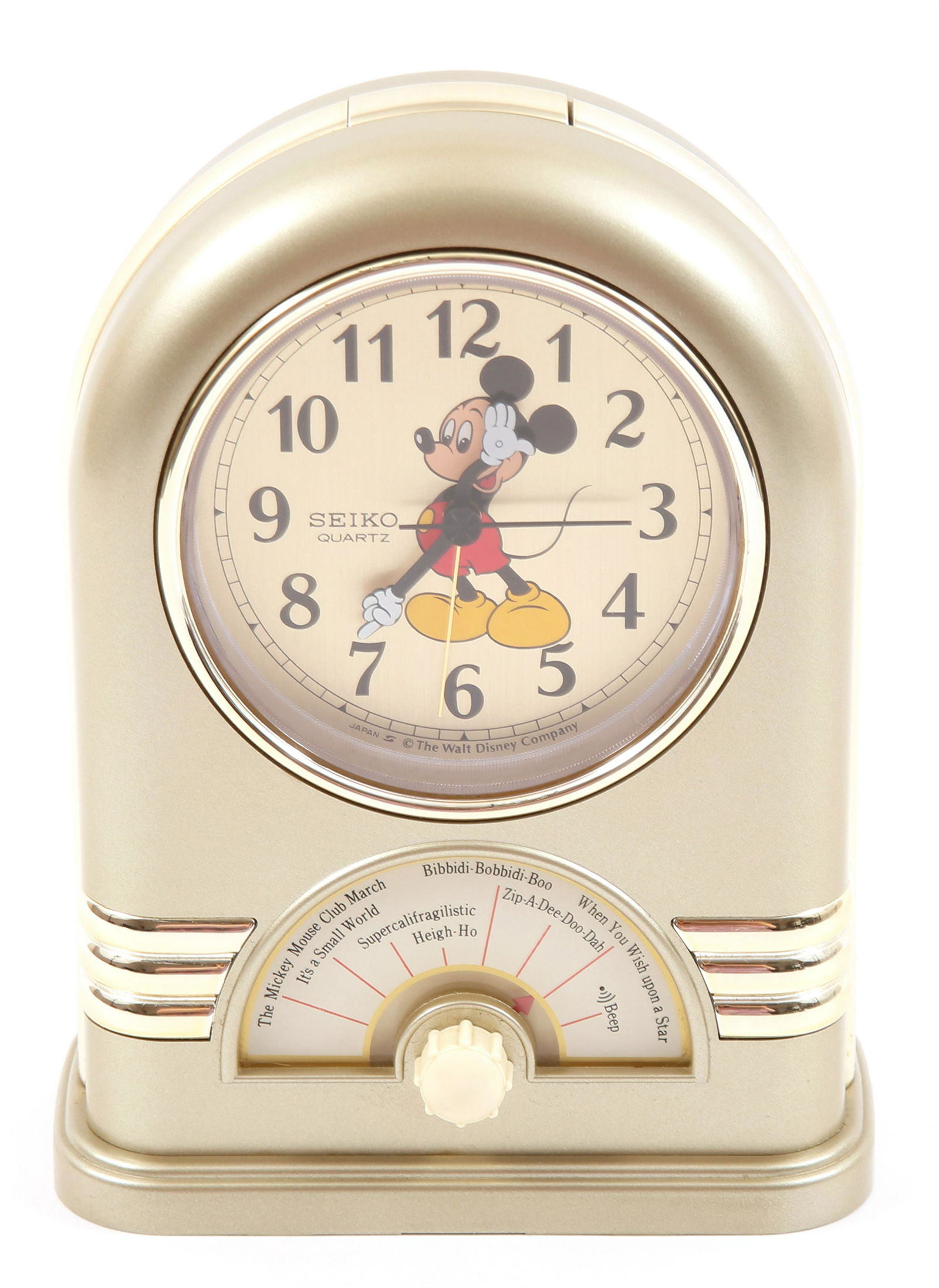 SEIKO DISNEY MICKEY MOUSE MUSICAL JUKEBOX ALARM CLOCK: SEIKO DISNEY MICKEY MOUSE MUSICAL JUKEBOX ALARM CLOCK 1980s Walt Disney Mickey Mouse musical alarm desk clock by Seiko. Battery operated. Plays a variety of Disney tunes by switching the dial. Size:7