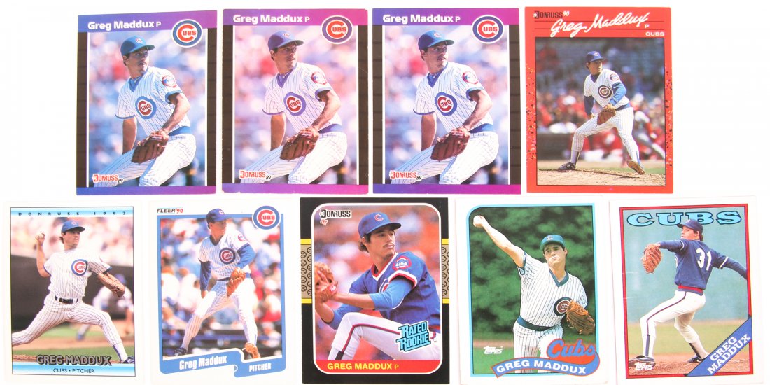 EARLY GREG MADDUX BASEBALL CARDS - LOT OF 9: EARLY GREG MADDUX BASEBALL CARDS - LOT OF 9 Lot of 9 Greg Maddux baseball cards, including 1989 Leaf #158, 1988 Topps #361, 1991 Leaf #520, 1989 Topps #240,