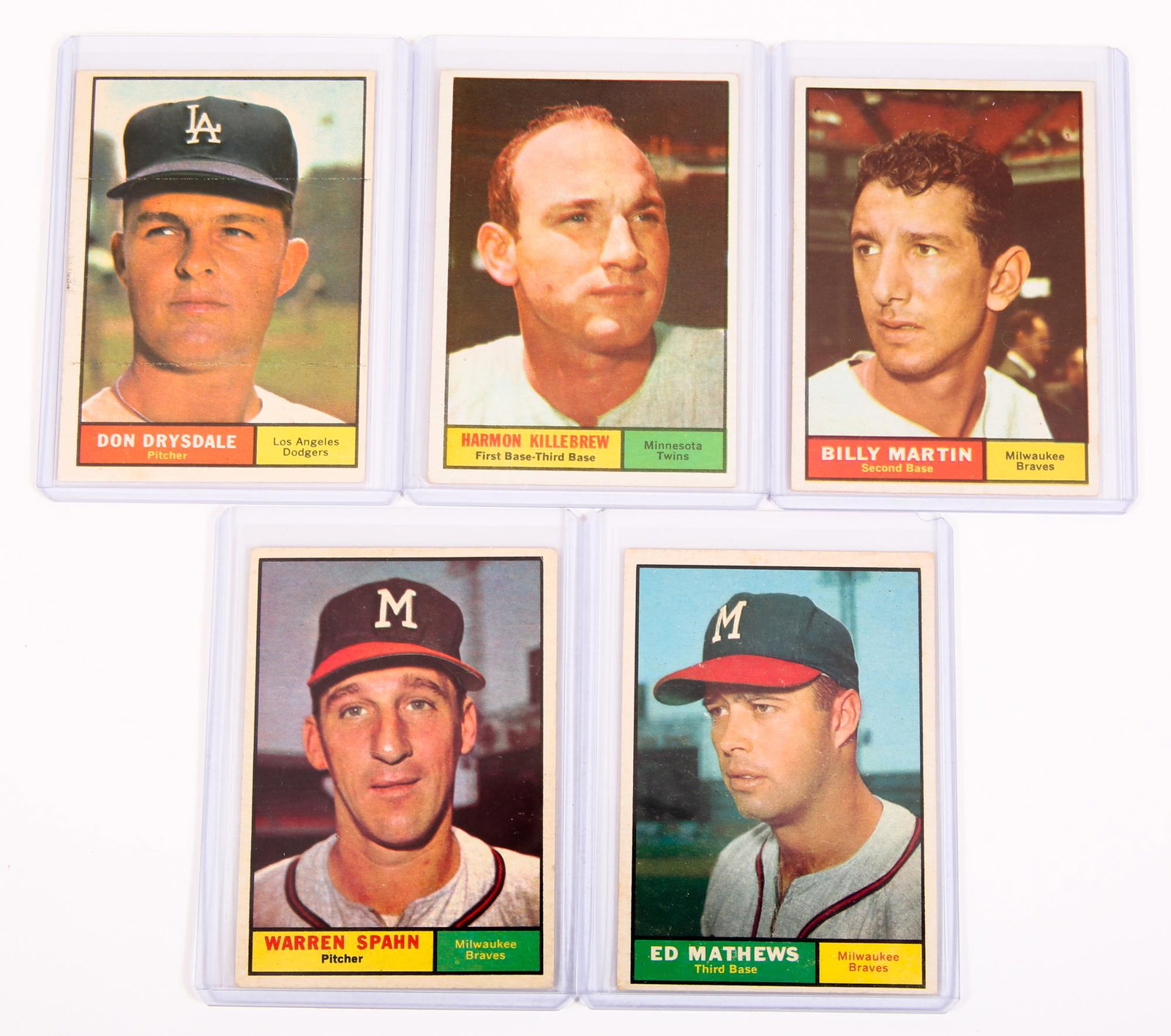 1961 TOPPS BASEBALL CARDS - LOT OF 5: 1961 TOPPS BASEBALL CARDS - LOT OF 5 Lot of five 1961 Topps baseball trading cards, including Warren Spahn #200, Ed Matthews #120, Billy Martin #89, Harmon Killebrew
