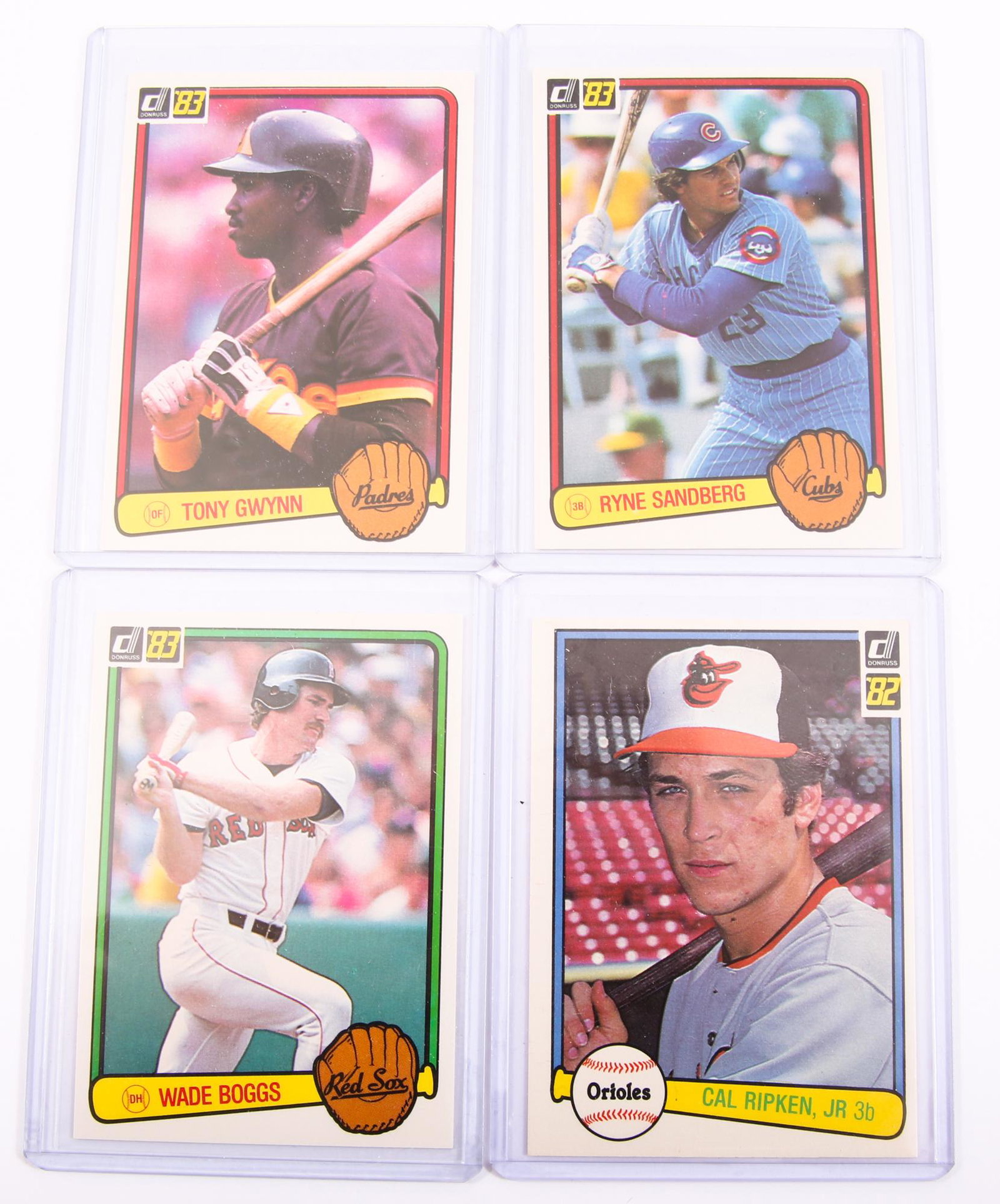 BETTER 1982 DONRUSS BASEBALL CARD SET - LOT OF 4: BETTER 1982 DONRUSS BASEBALL CARD SET - LOT OF 4 Lot of four 1982 Donruss baseball trading cards, better cards in the set, including Tony Gwynn #598, Wade Boggs #586, Ryne Sandberg</