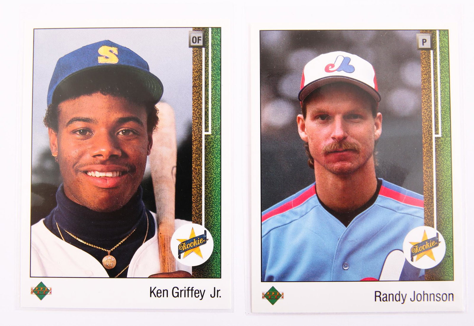 BETTER 1989 UD BASEBALL CARDS - JOHNSON & GRIFFEY JR.: BETTER 1989 UD BASEBALL CARDS - JOHNSON & GRIFFEY JR. Lot of two 1989 Upper Deck baseball trading cards, better cards in the set, including Randy Johnson #25 and Ken Griffey Jr. #1.