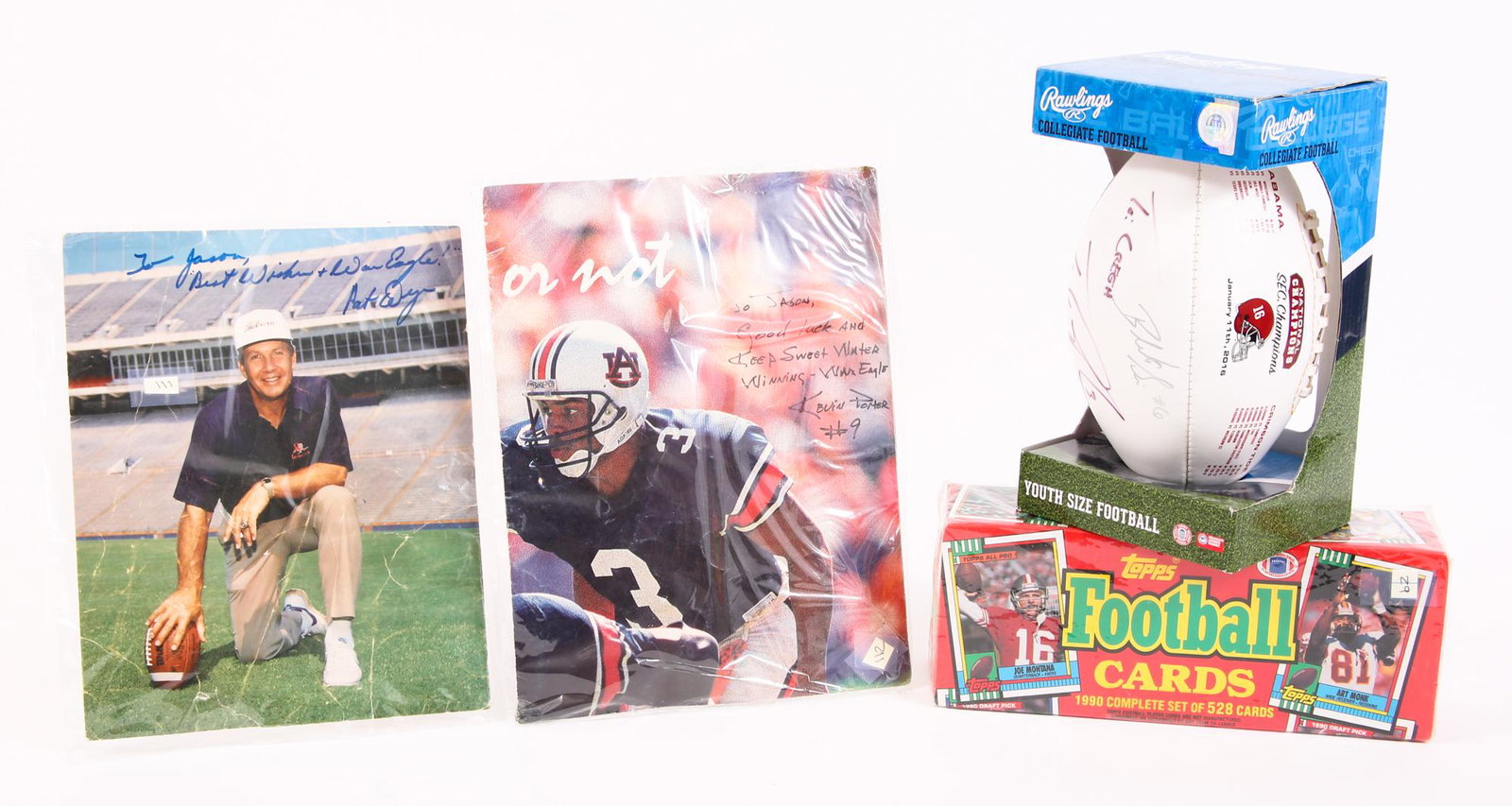 FOOTBALL MEMORABILIA - CARDS AND AUTOGRAPHS: FOOTBALL MEMORABILIA - CARDS AND AUTOGRAPHS Football memorabilia, including: Auburn poster signed by Aundray Bruce and Kevin Porter. Photograph signed by Auburn coach Pat Dye