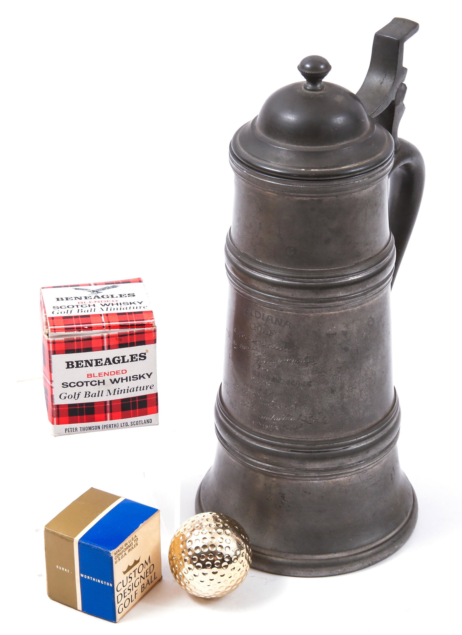 20TH C. GOLF MEMORABILIA - PITCHER & NOVELTY GOLF BALLS: 20TH C. GOLF MEMORABILIA - PITCHER & NOVELTY GOLF BALLS 20th century golf memorabilia, includes: 1900 pewter prize pitcher Indiana Golf Association, Men's Amateur Championship, Lowest Stroke Score&nbs