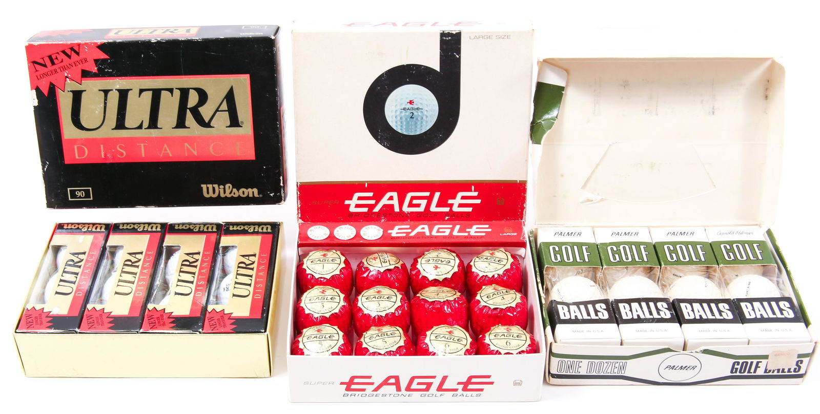 NEW OLD STOCK GOLF BALLS - PALMER, WILSON, BRIDGESTONE: NEW OLD STOCK GOLF BALLS - PALMER, WILSON, BRIDGESTONE Lot of three vintage new old stock boxes of golf balls. Includes: Palmer Charger One dozen, four boxes of three 1, 3, and 4