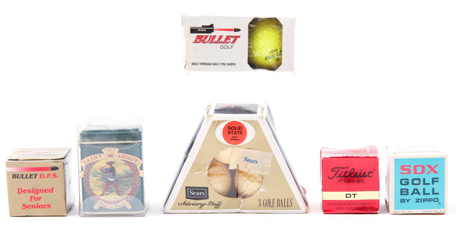 NEW OLD STOCK GOLF BALLS - ZIPPO, TITLEIST, BULLET: NEW OLD STOCK GOLF BALLS - ZIPPO, TITLEIST, BULLET Vintage new old stock golf balls (Lot of 9), includes: Zippo SDX, single Titleist DT, single Bullet D.F.S., sing