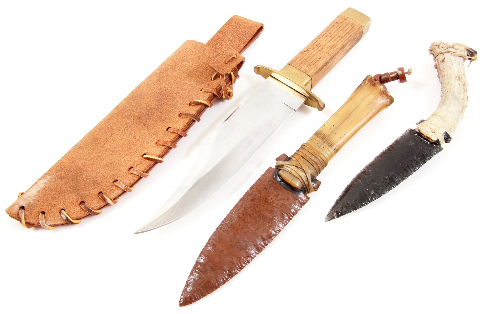 FIXED BLADE KNIVES - LOT OF 3: FIXED BLADE KNIVES - LOT OF 3 Lot of three fixed blade knives, including: CVA wooden handle knife with leather sheath. Blade length: 7"; Total length: 11.5". Stone blade k