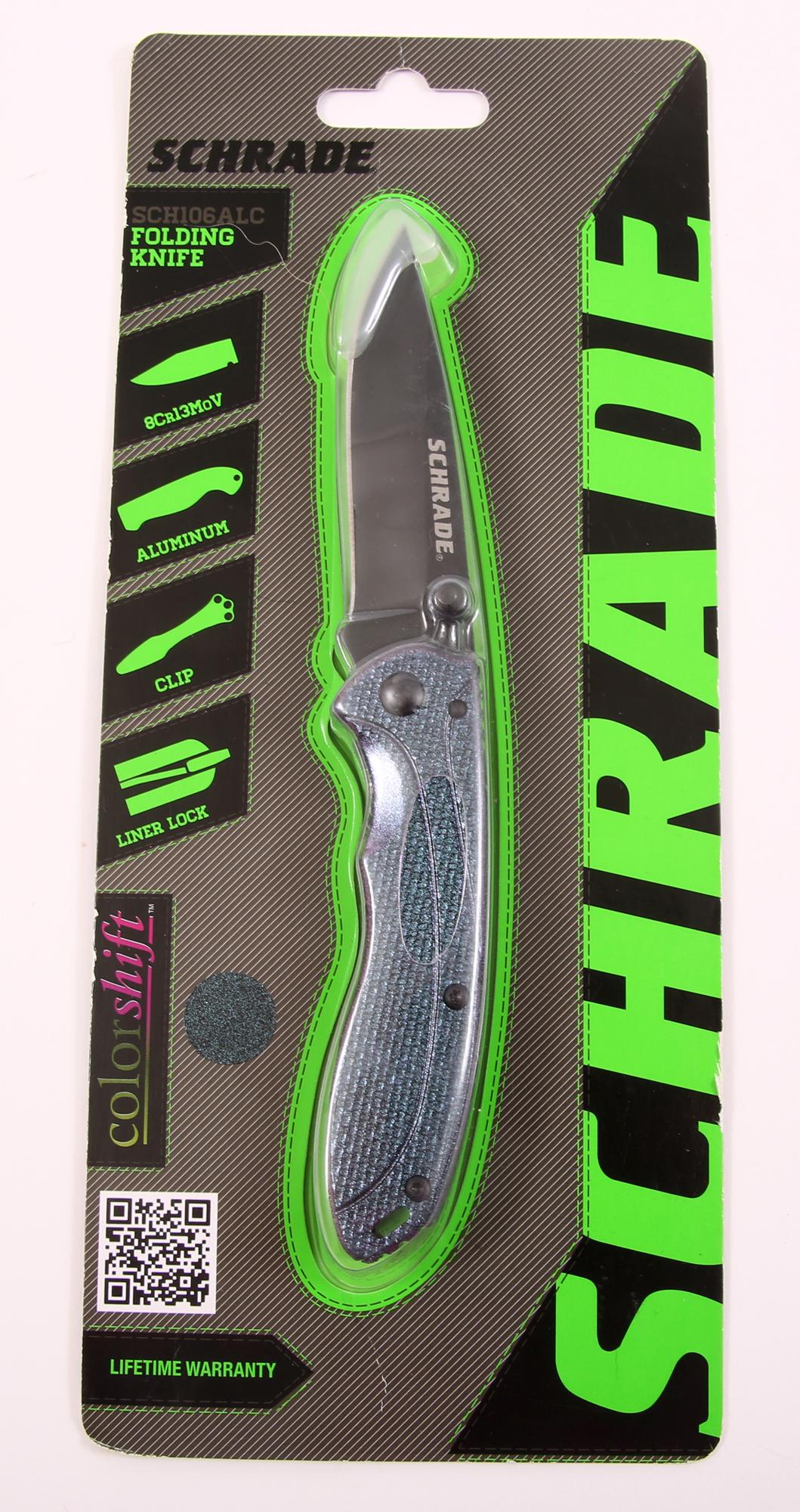 SCHRADE SCH106ALC FOLDING KNIFE: SCHRADE SCH106ALC FOLDING KNIFE Schrade SCH106ALC folding knife, new old stock, with: 2.9" blade. Aluminum handle. Pocket clip. Size:3.8" closed
