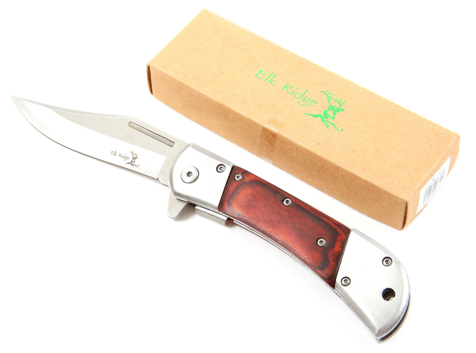 ELK RIDGE WOOD HANDLE SPRING ASSISTED FOLDING KNIFE: ELK RIDGE WOOD HANDLE SPRING ASSISTED FOLDING KNIFE Elk Ridge wood handle spring assisted folding knife, A009SW, 3.5" blade. Made in China. Size:8.5" overall