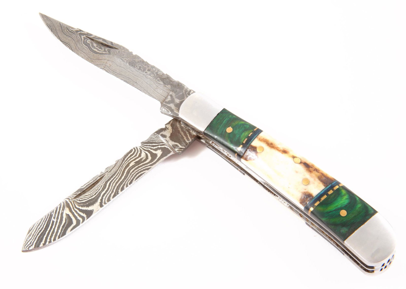 CUSTOM DAMASCUS BLADE FOLDING TRAPPER KNIFE: CUSTOM DAMASCUS BLADE FOLDING TRAPPER KNIFE Custom made folding trapper knife with antler and green stained wood handle, 3" Damascus steel blades. No markings. Size:7.25" overall