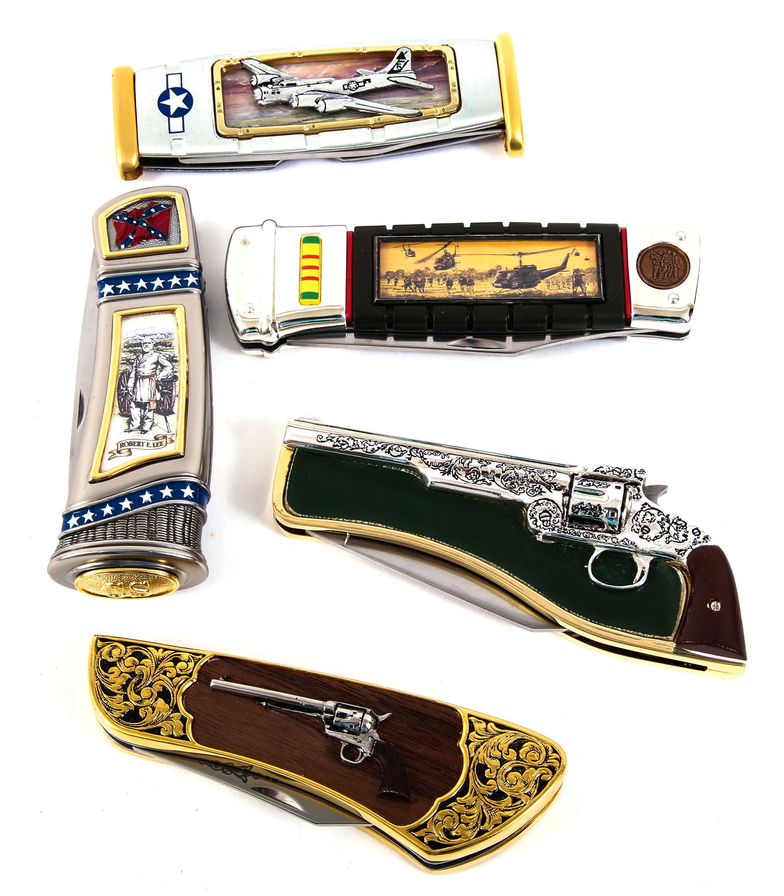 FRANKLIN MINT COLLECTORS MILITARIA FOLDING KNIVES - LOT: FRANKLIN MINT COLLECTORS MILITARIA FOLDING KNIVES - LOT OF 5 Lot of five Franklin Mint collectors militaria folding knives, to include themes: Commemorative Robert E. Lee and the Battle of Fredericks