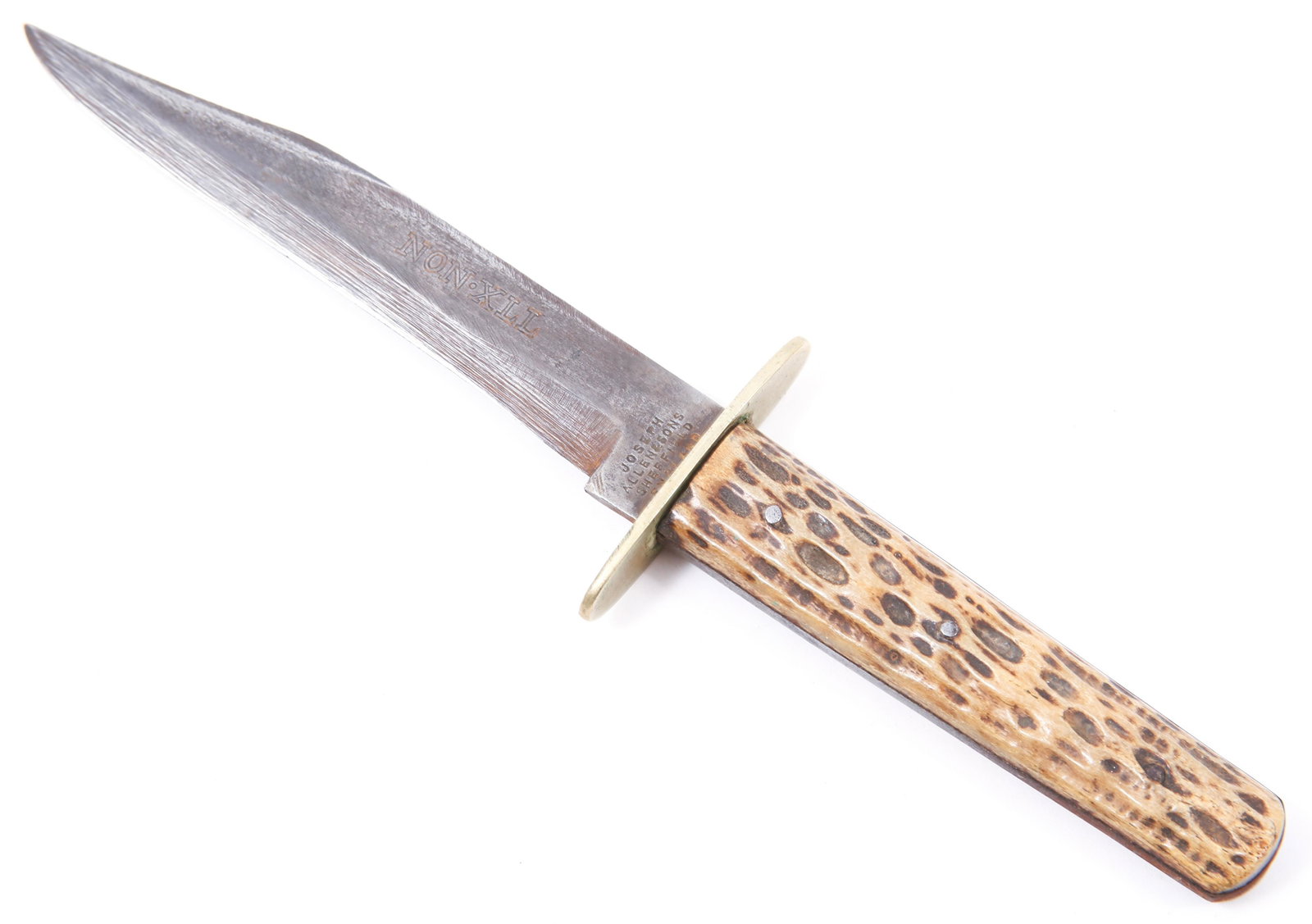 JOSEPH ALLEN & SONS STAG HANDLE BOWIE KNIFE: JOSEPH ALLEN & SONS STAG HANDLE BOWIE KNIFE Joseph Allen & Sons Sheffield, England bowie knife with bone stag handle, stamped "NON.XLL" on tang, circa 1890-1900s. Size:Overall length: 9", Blade le