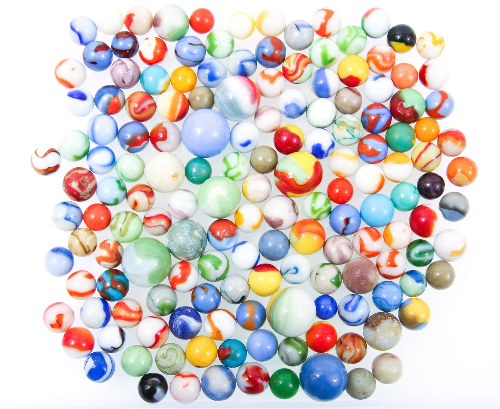 20TH C. OPAQUE SWIRL MARBLES: 20TH C. OPAQUE SWIRL MARBLES Lot of early to mid 20th century, multi-color opaque swirl marbles. Size:Varied