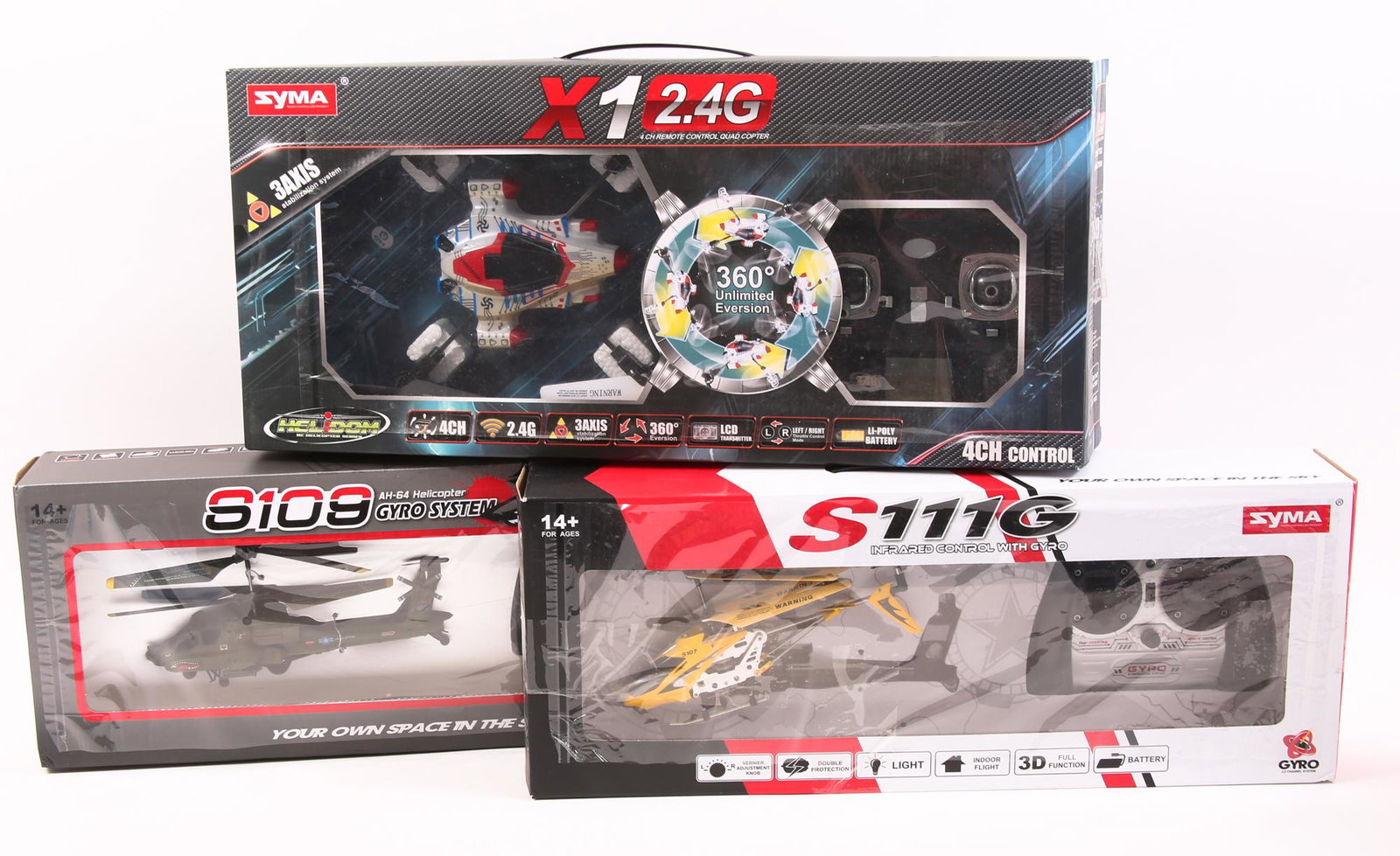 SYMA REMOTE CONTROL HELICOPTERS - LOT OF 3: SYMA REMOTE CONTROL HELICOPTERS - LOT OF 3 Lot of 3 Syma remote control helicopters, including: S107 Gyro System yellow and black helicopter. Size approximately 7 x 3 x 4". S109 AH