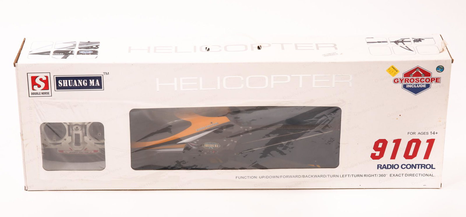 DOUBLE HORSE 9101 RC HELICOPTER: DOUBLE HORSE 9101 RC HELICOPTER Double Horse Shuang Ma 9101 RC helicopter with remote control. In original box. Helicopter size approximately 30.5 x 5 x 10.5". Box size approximately 37 x 5.5 x 12
