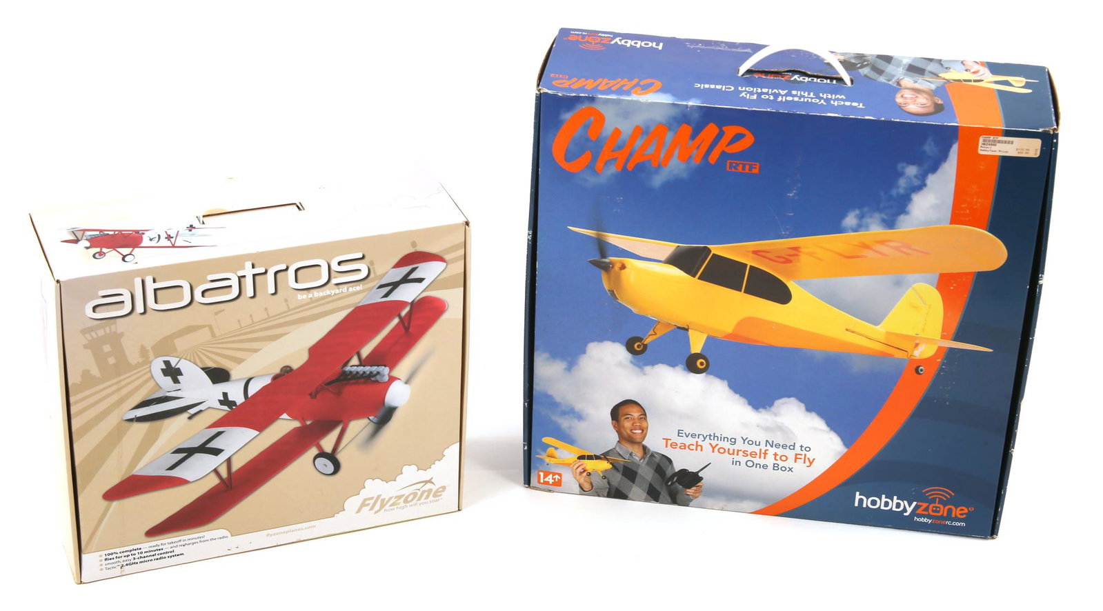 LOT OF 2 RC AIRPLANES - FLYZONE ALBATROS AND CHAMP RTF: LOT OF 2 RC AIRPLANES - FLYZONE ALBATROS AND CHAMP RTF Lot of 2 RC airplanes in original boxes, including: Flyzone assembled Albatros plane with pilot, engine and authentic WWI trim