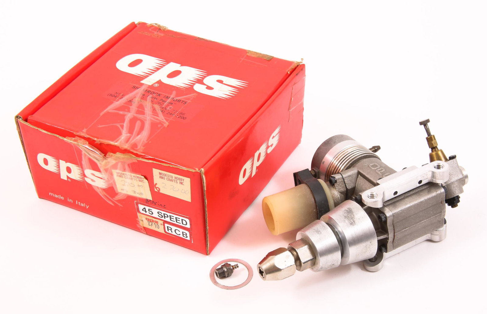 OPS 45-SPEED RCB MARINE ENGINE: OPS 45-SPEED RCB MARINE ENGINE OPS 45-speed RCB marine engine in original box with instructions. Engine size approximately 6.5 x 2.25 x 3.75". Size:6.5 x 2.25 x 3.75"