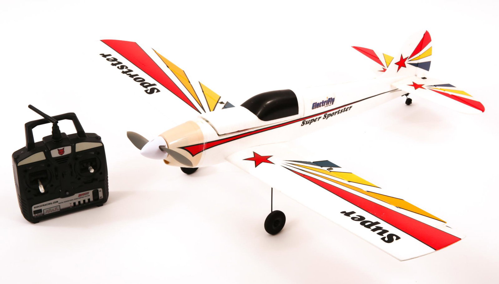 ELECTRIFLY SUPER SPORTSTER RC AIRPLANE: ELECTRIFLY SUPER SPORTSTER RC AIRPLANE Electrifly Super Sportster RC airplane. Size approximately 32 x 40 x 9.5". Made of AeroCell foam. Includes Red Cat Racing 2.4 GHz radio control system. </