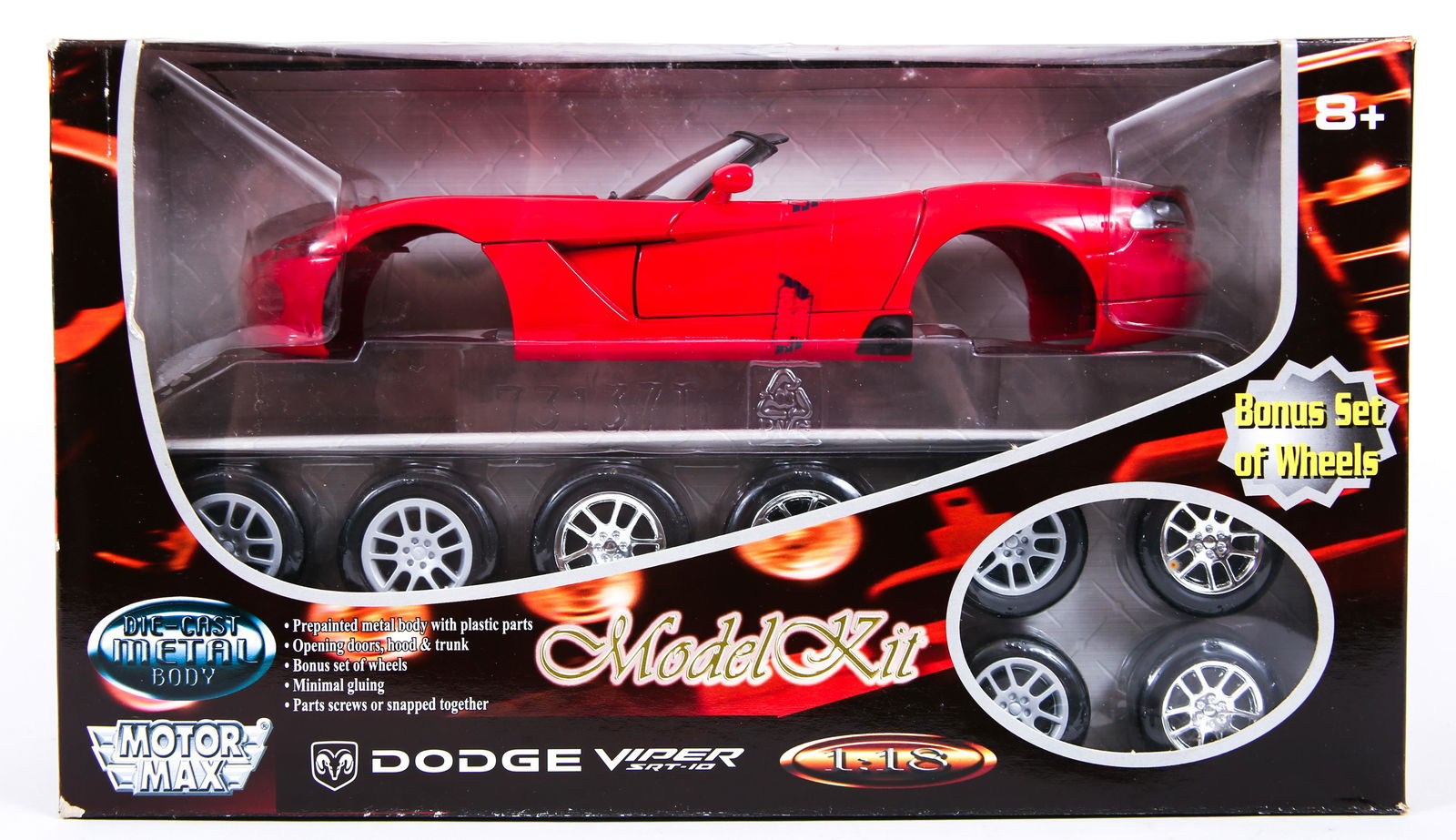 MOTOR MAX DODGE VIPER SRT-10 MODEL CAR KIT - RED: MOTOR MAX DODGE VIPER SRT-10 MODEL CAR KIT - RED Motor Max Dodge Viper SRT-10 model kit, includes: Red prepainted metal body with plastic parts. Bonus set of wheels. Original box; unopened. Size: 1: