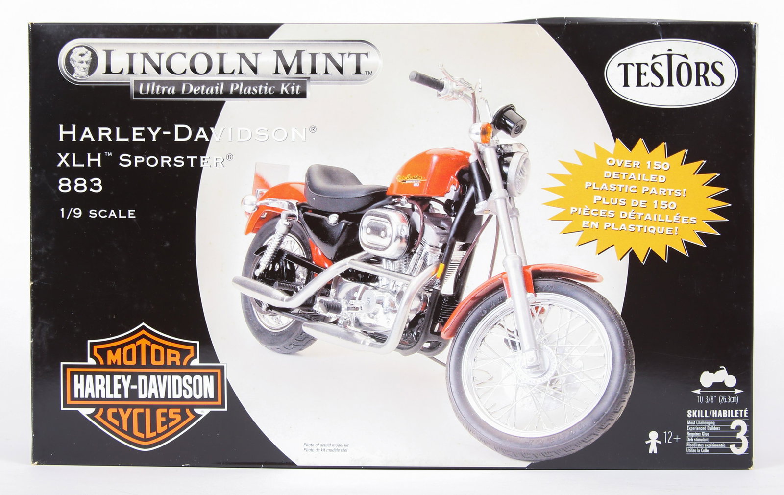TESTORS HARLEY-DAVIDSON XLH SPORTSTER 883 MODEL KIT: TESTORS HARLEY-DAVIDSON XLH SPORTSTER 883 MODEL KIT Testors Harley-Davidson XLH Sportster 883 plastic model motorcycle kit, including over 150 plastic parts. 1:9 scale. Size: 1:9