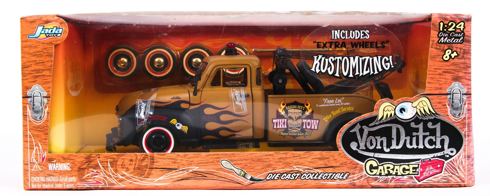 VON DUTCH GARAGE CHEVY TOW TRUCK DIE CAST MODEL - 1:24: VON DUTCH GARAGE CHEVY TOW TRUCK DIE CAST MODEL - 1:24 SCALE Jada Toys Von Dutch Garage model Chevy tow truck; die cast model; 1:24 scale; includes extra wheels; in original box. Size: 1:24