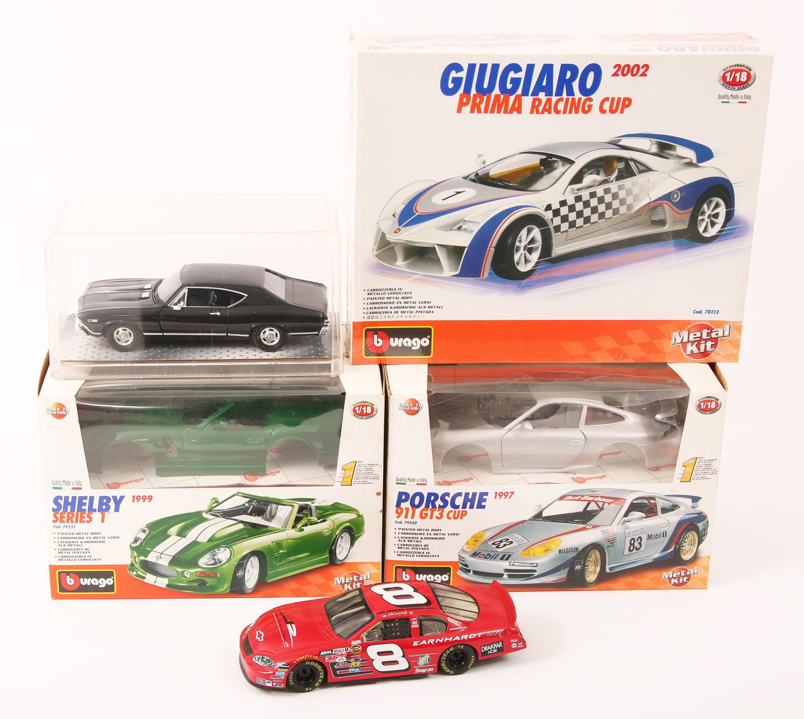 DIECAST MODEL CARS / KITS: DIECAST MODEL CARS / KITS ALL ARE DIECAST METAL; THOSE IN BOXES ARE NEW OLD STOCK, OTHERS ARE ALREADY BUILT AND DO NOT INCLUDE BOX. BURAGO - 1:18 scale: 1997 Porsche 911 GT3 Cup, silver; in box C