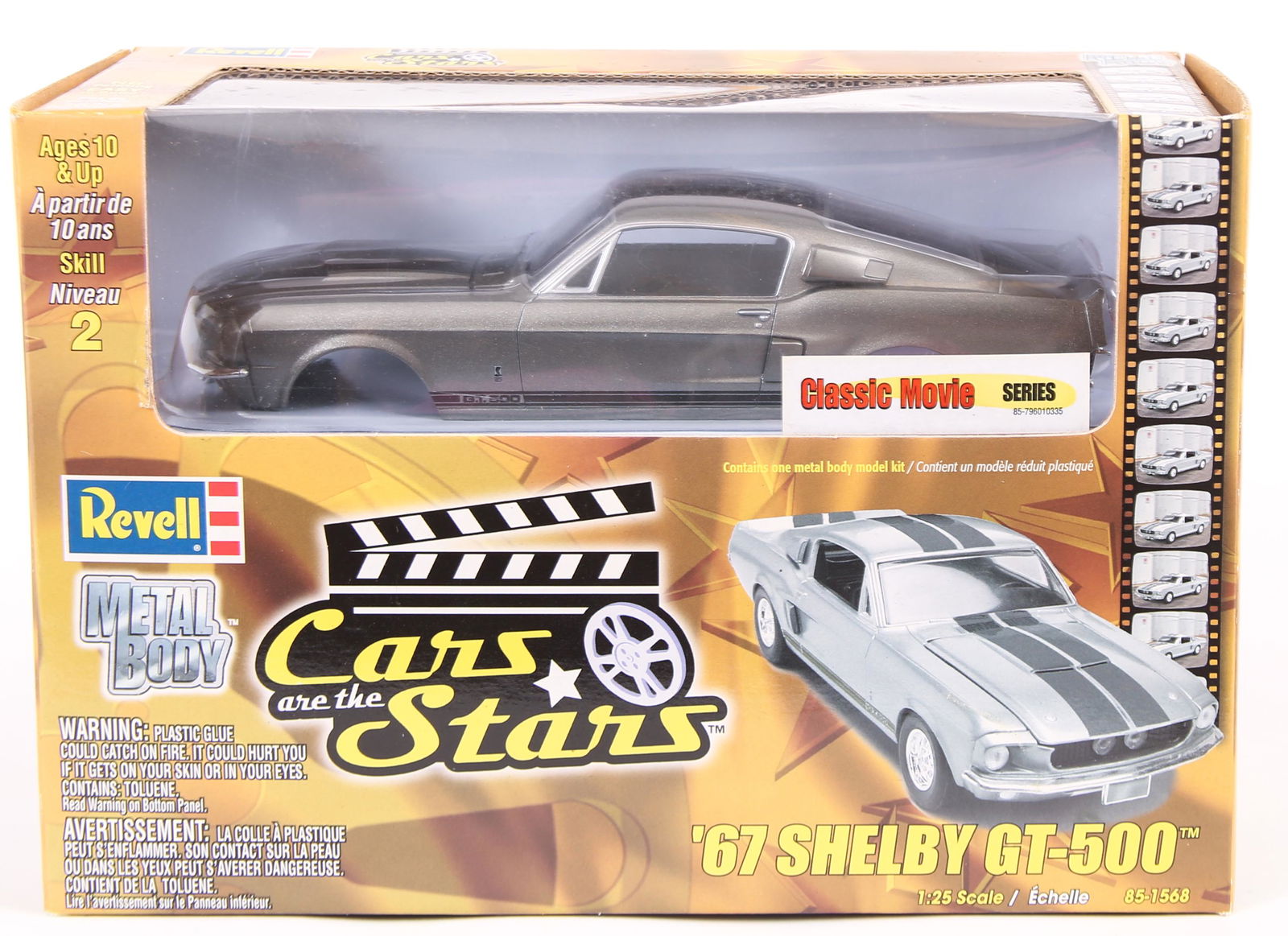 REVELL '67 SHELBY GT-500 METAL BODY MODEL KIT: REVELL '67 SHELBY GT-500 METAL BODY MODEL KIT 1967 Shelby GT-500 Revell's "Cars are the Stars" Classic Movie Series Metal body Old new stock - still in box 1:25 scale Size: 1:25