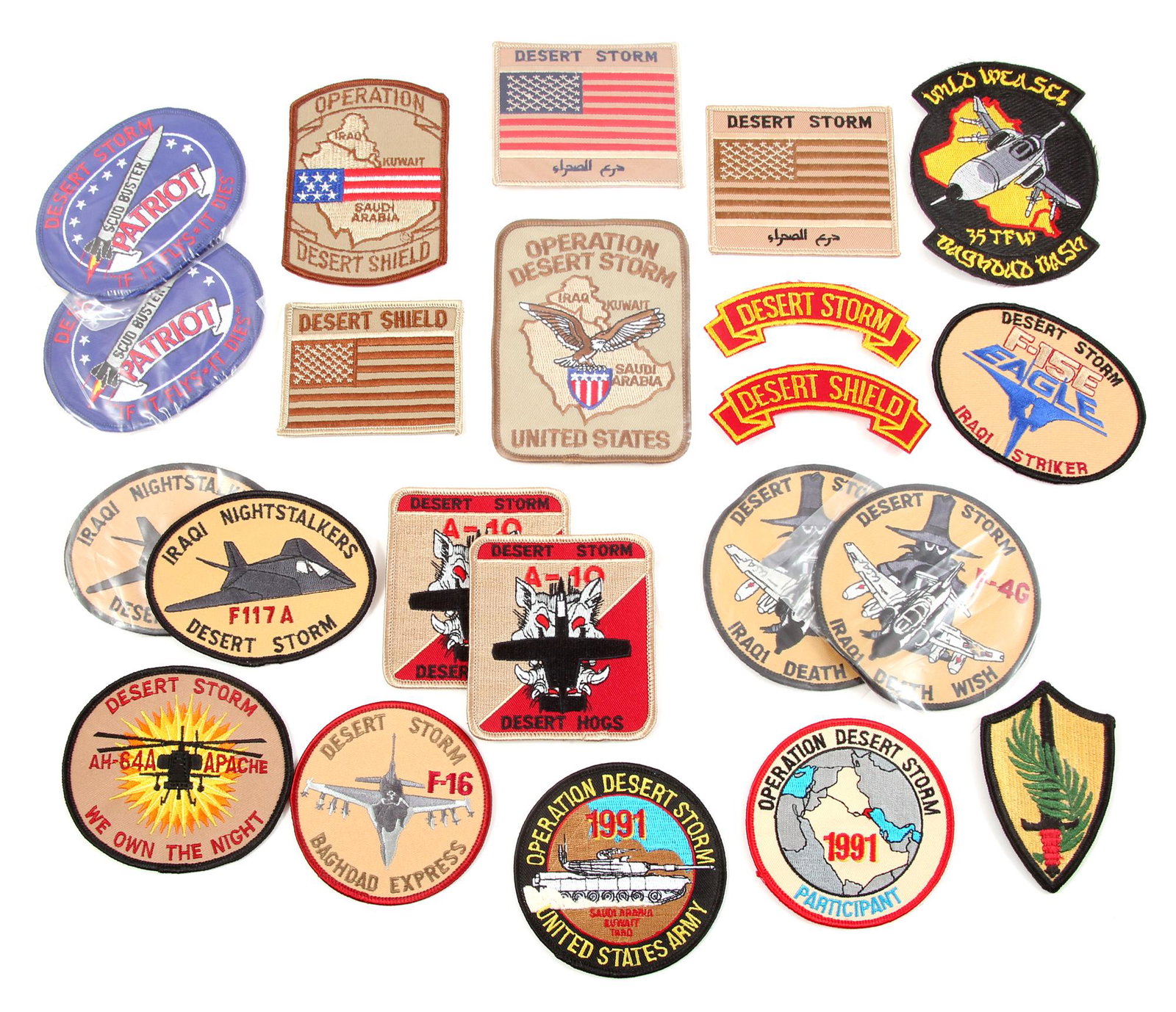 MIXED U.S. DESERT STORM PATCHES: MIXED U.S. DESERT STORM PATCHES Mixed U.S. Desert Storm patches, including: Scud Buster, "If it Flys, It Dies." Iraqi Nightstalkers F117-A. F-4G Iraqi Death Wish. Wild Weasel Baghdad Bash