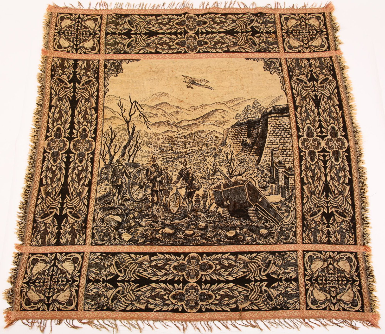WWI THEME THROW BLANKET OR TAPESTRY: WWI THEME THROW BLANKET OR TAPESTRY Throw blanket or tapestry depicting WWI imagery of soldiers, tank, and fighter plane. Size: 53 x 56"