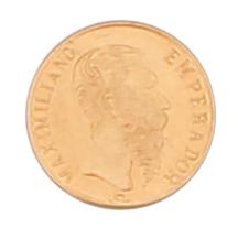 1865 B IMPERIAL MEXICAN 1 PESO GOLD COIN: 1865 B IMPERIAL MEXICAN 1 PESO GOLD COIN Small denomination one peso Mexican gold coin, 1865 Maximilian. Weight: .5 grams